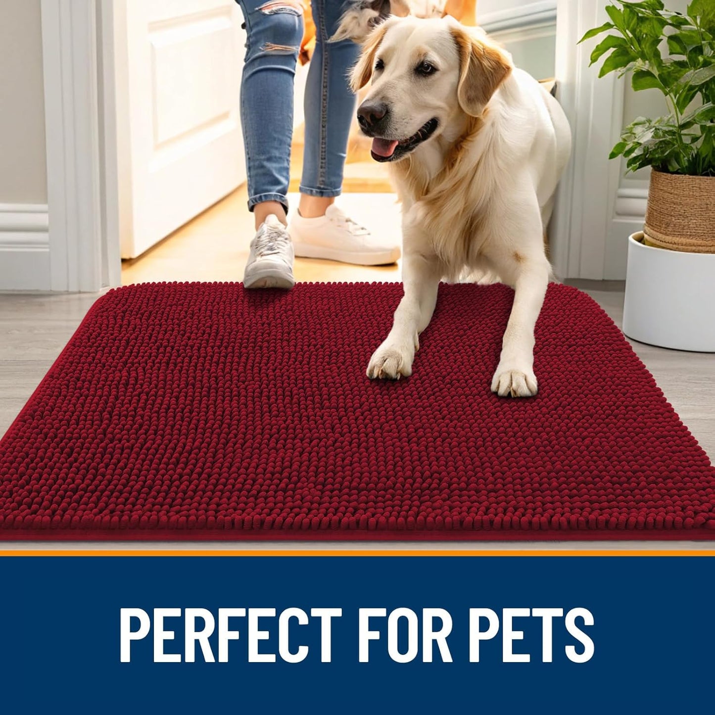 OLANLY Dog Door Mat for Muddy Paws 70x24, Absorbs Moisture and Dirt, Absorbent Non-Slip Washable Doormat, Quick Dry Chenille Mud Mat for Dogs, Entry Indoor Entryway Carpet for Inside Floor, Red