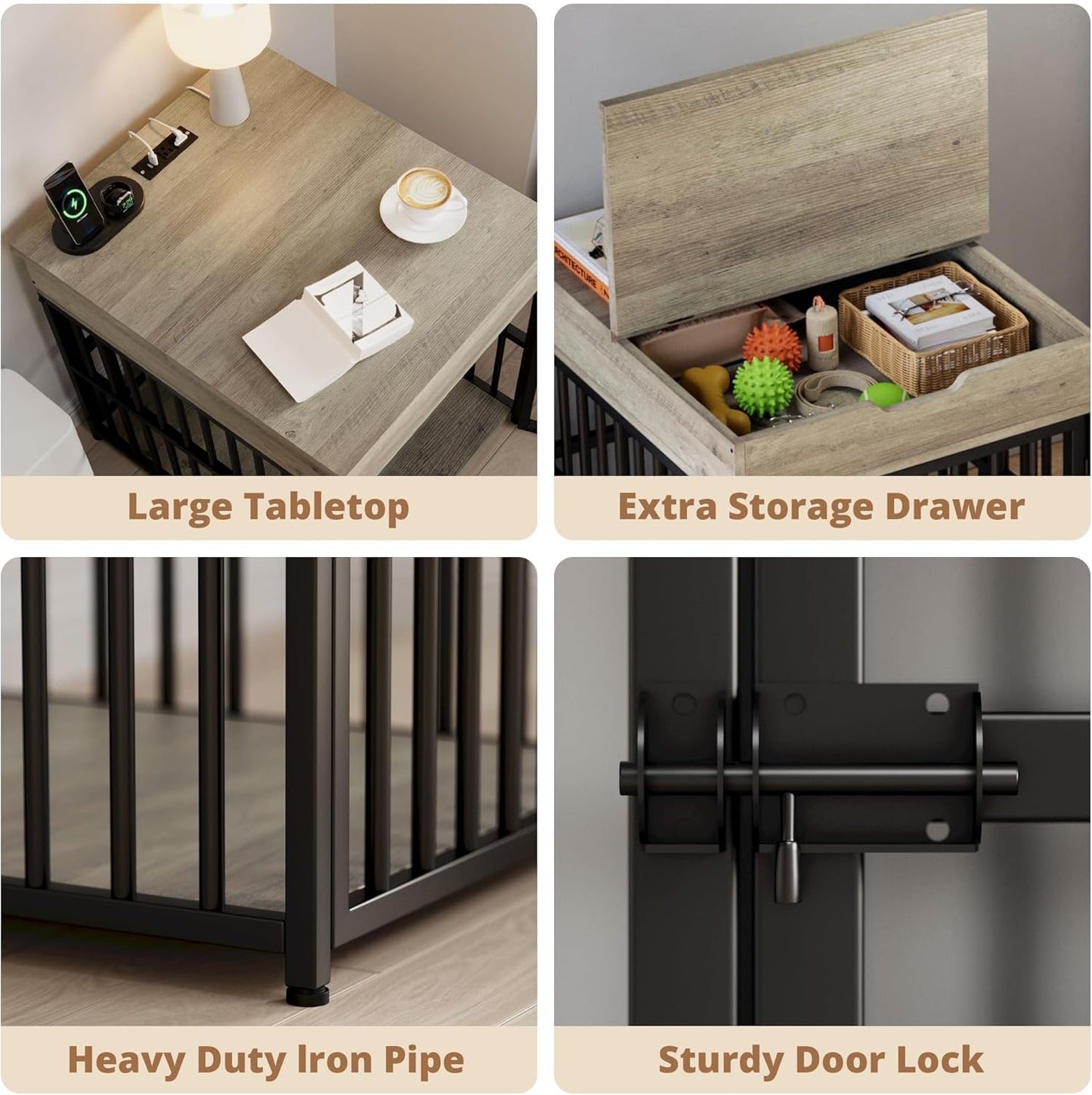 IRONCK Dog Crate Furniture for Small Dogs, Wooden Dog Kennel with Flip Top Drawer, Indoor Pet Crate End Table with Charging Station, Steel-Tube Dog Cage, Gray