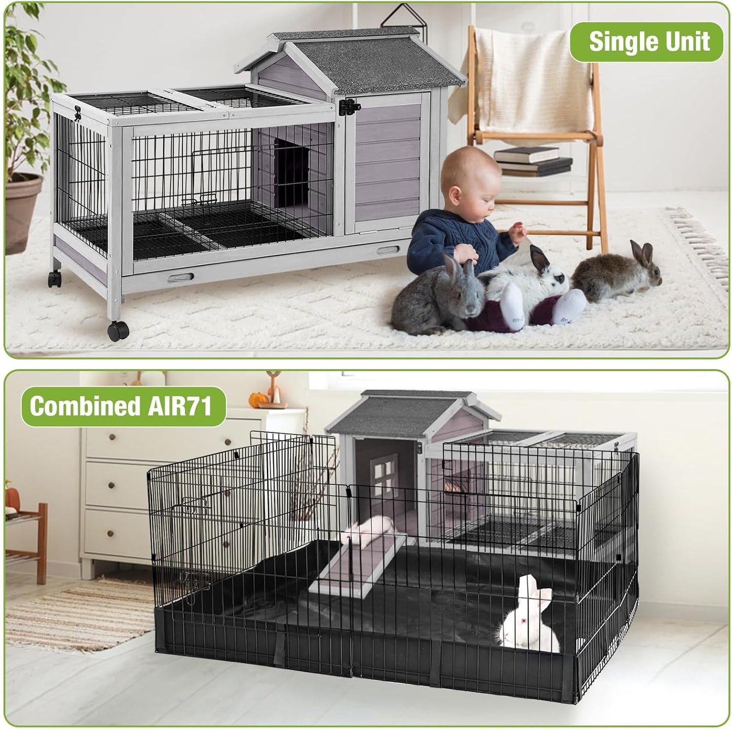 GUTINNEEN Rabbit Hutch Bunny Cage with Removable Wire Floor, Indoor/Outdoor Guinea Pig Cages with Leakproof Pull-Out Tray, 4 Lockable Wheels & Run Space