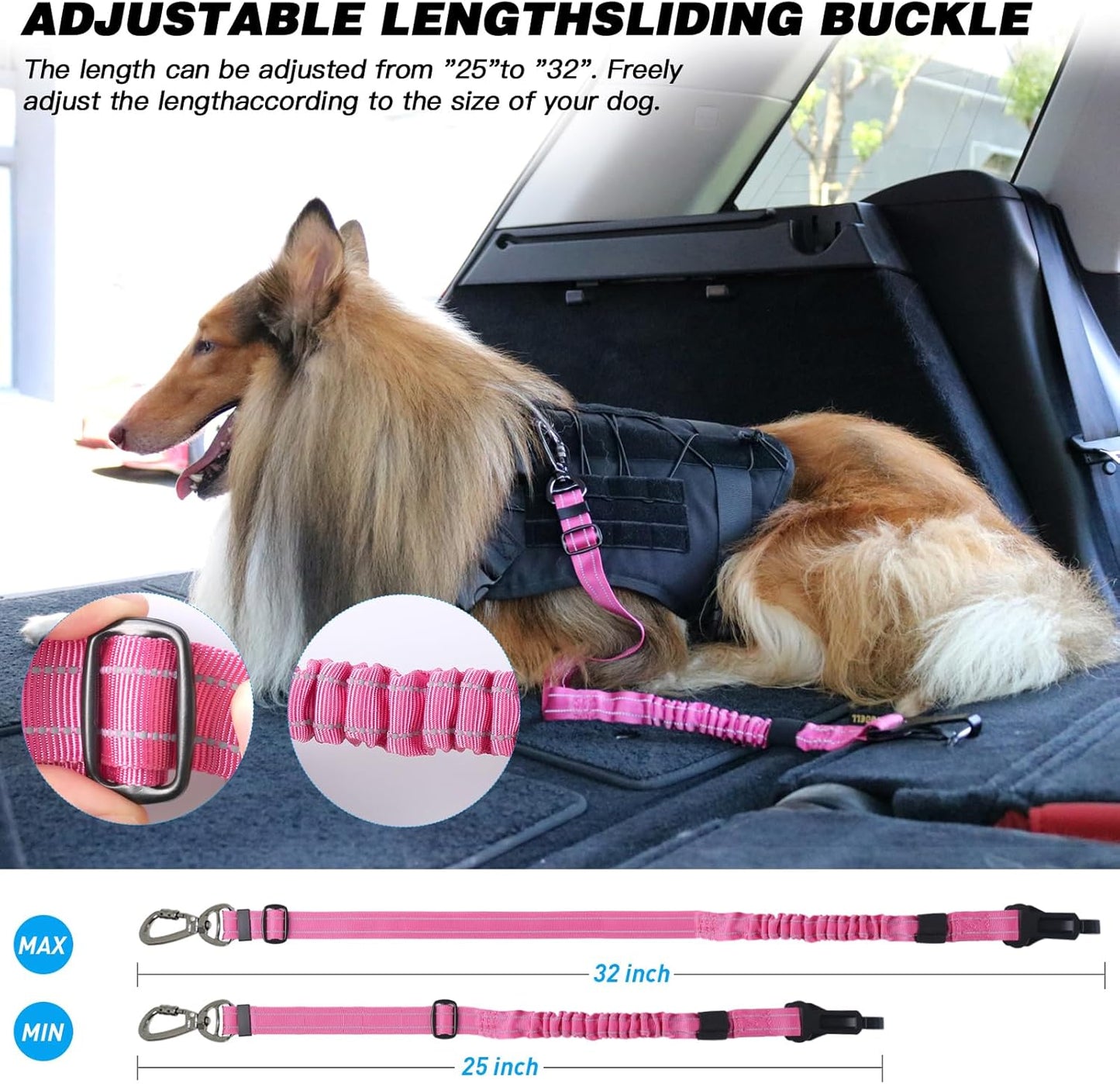 AUBELL Dog Seat Belt for Car,2 Pack Set 3-in-1 Adjustable Reflective Bungee Heavy Duty Dog Car Harness Tether with Clip Hook Latch & Buckle,Swivel Zinc Alloy Carabiner,Black+Hotpink