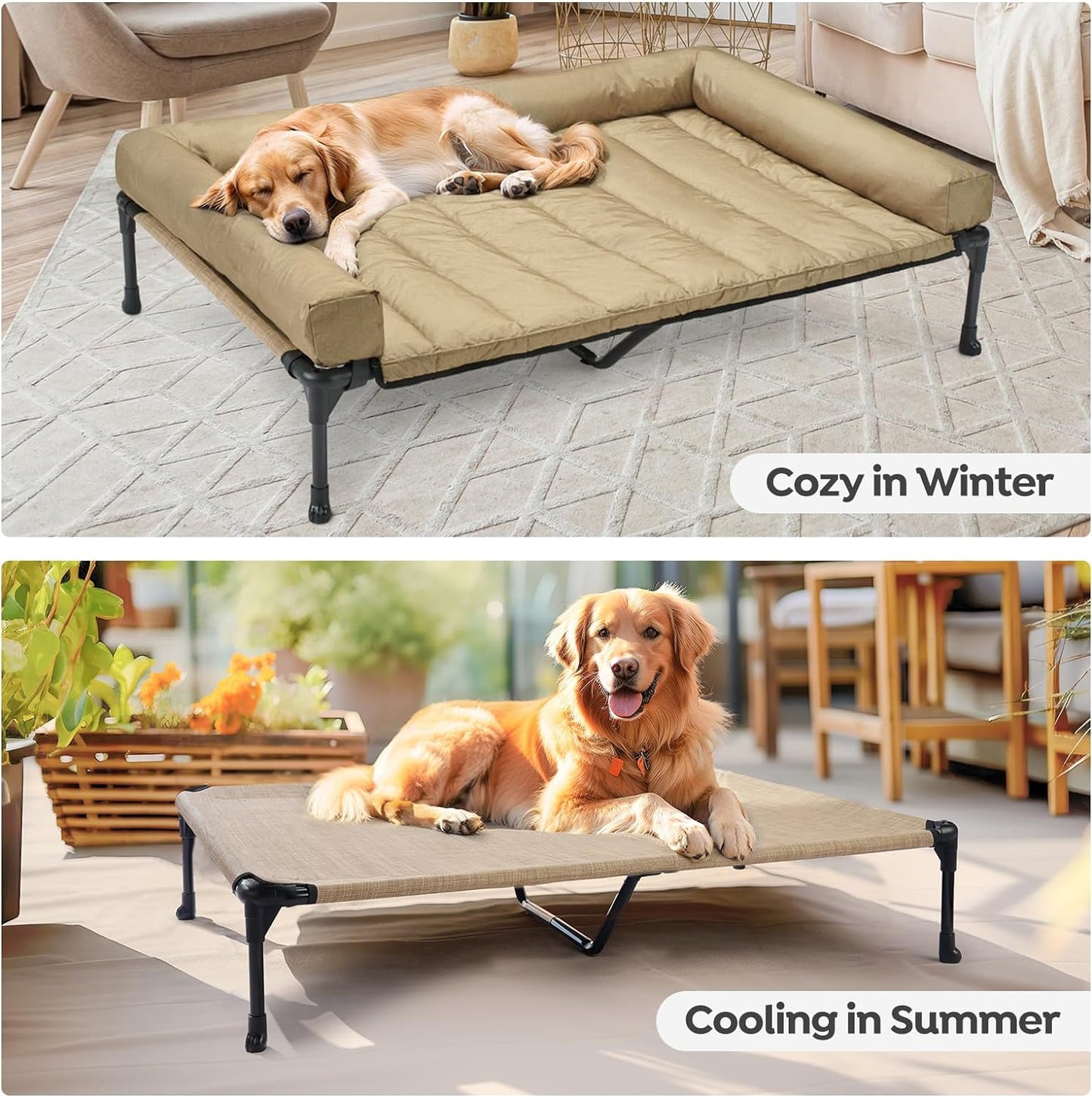 Veehoo Cooling Elevated Dog Bed Add Removable Waterproof Bolster Cushion Mat, Raised Pet Cot with Breathable Teslin Mesh, No-Slip Feet, Dog Couch Bed for Indoor Outdoor, 49x33inches, Beige, CWC2331B