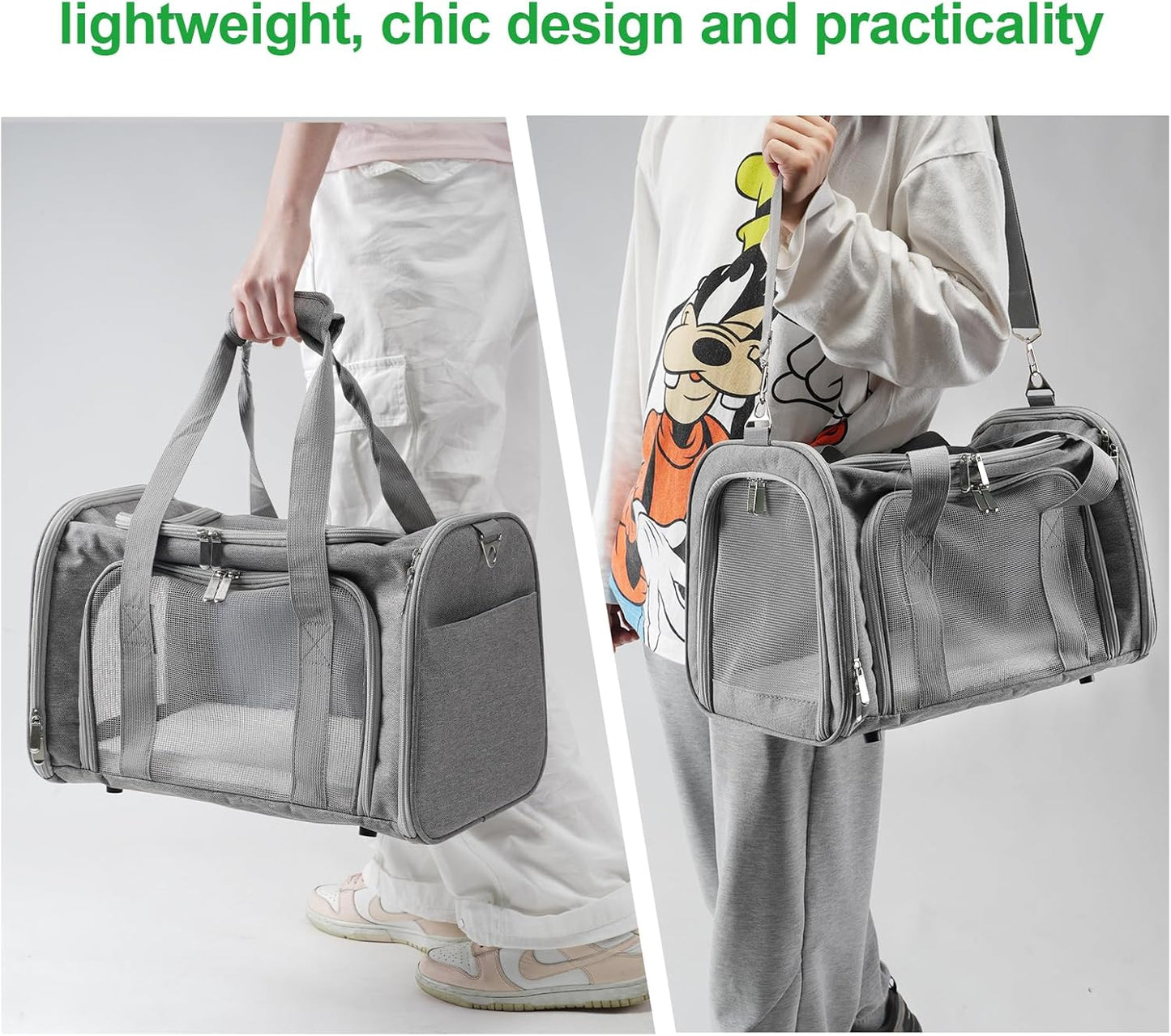 Roaringkitty Travel in Style: Portable Pet Carrier for Small Pets up to 15 Lbs- Airline Approved, Collapsible & Comfortable cat/Puppy Soft Sided Bag (Grey)