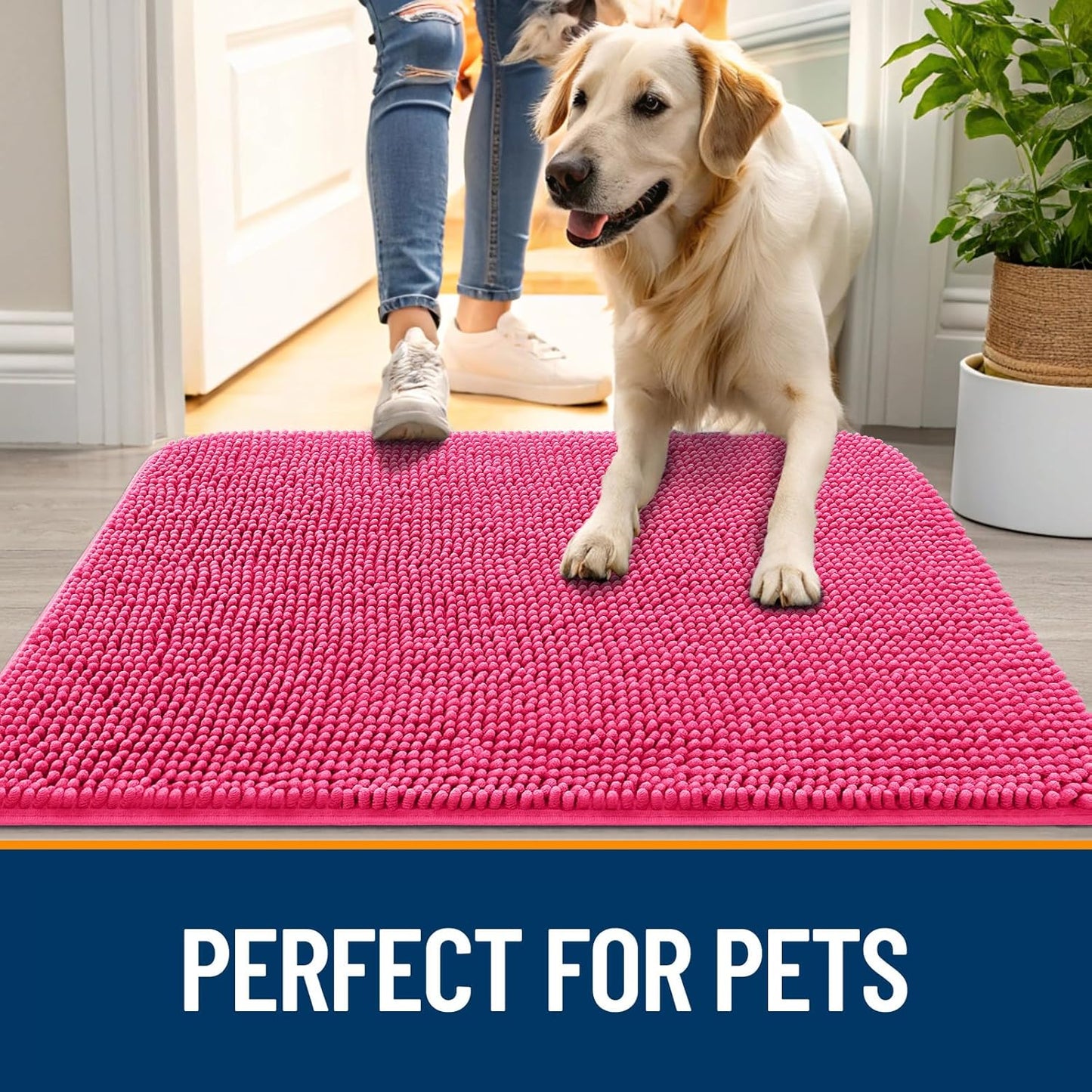 OLANLY Dog Door Mat for Muddy Paws 47x32, Absorbs Moisture and Dirt, Absorbent Non-Slip Washable Doormat, Quick Dry Chenille Mud Mat for Dogs, Entry Indoor Entryway Carpet for Inside Floor, Hot Pink