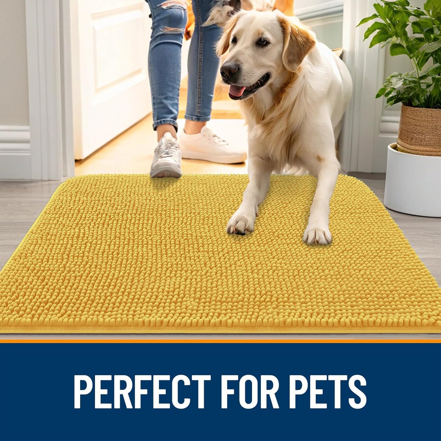 OLANLY Dog Door Mat for Muddy Paws 59x24, Absorbs Moisture and Dirt, Absorbent Non-Slip Washable Doormat, Quick Dry Chenille Mud Mat for Dogs, Entry Indoor Entryway Carpet for Inside Floor, Yellow