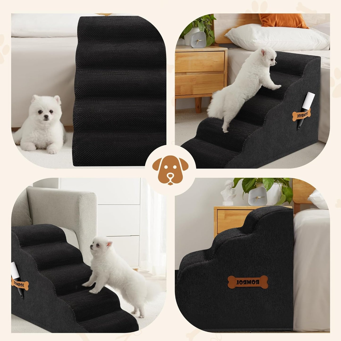 Dog Stairs, Romrol Dog Steps Ramp for High Bed and Couch, Dogs Ramp with Durable Non-Slip Waterproof Fabric Cover, Pet Stairs for Small Dogs and Cats or Pets Joints, 4-TiersBlack