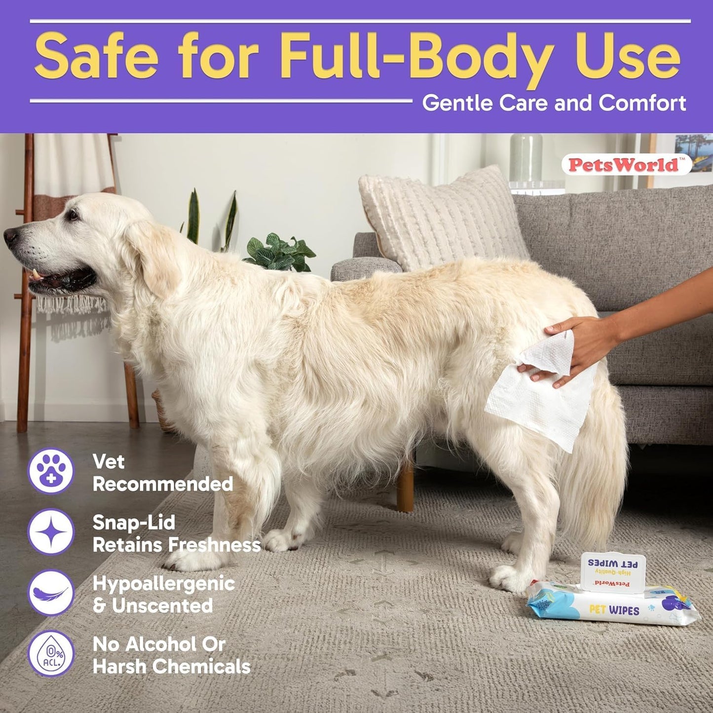 PETSWORLD Pet Wipes for Dogs & Cats, Unscented, Hypoallergenic, Chemical-Free, Biodegradable (98%), Thick & Durable, Textured Grooming Wipes (Unscented, 50 Count)