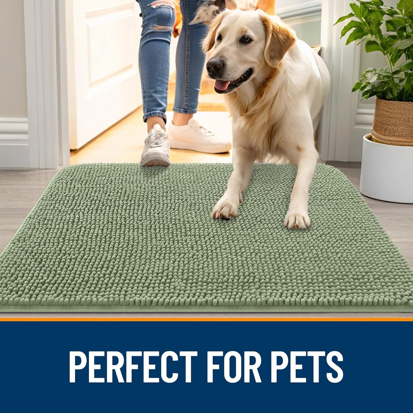 OLANLY Dog Door Mat for Muddy Paws 54x32, Absorbs Moisture and Dirt, Absorbent Non-Slip Washable Doormat, Quick Dry Chenille Mud Mat for Dogs, Entry Indoor Entryway Carpet for Inside Floor, Sage Green