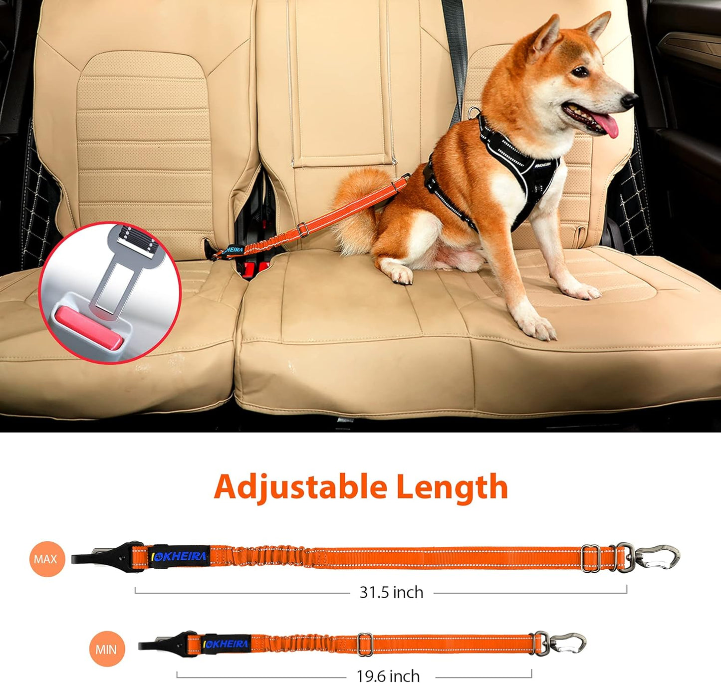 IOKHEIRA Orange Dog Seatbelt - Adjustable Reflective Bungee Harness with Aluminum Swivel Carabiner