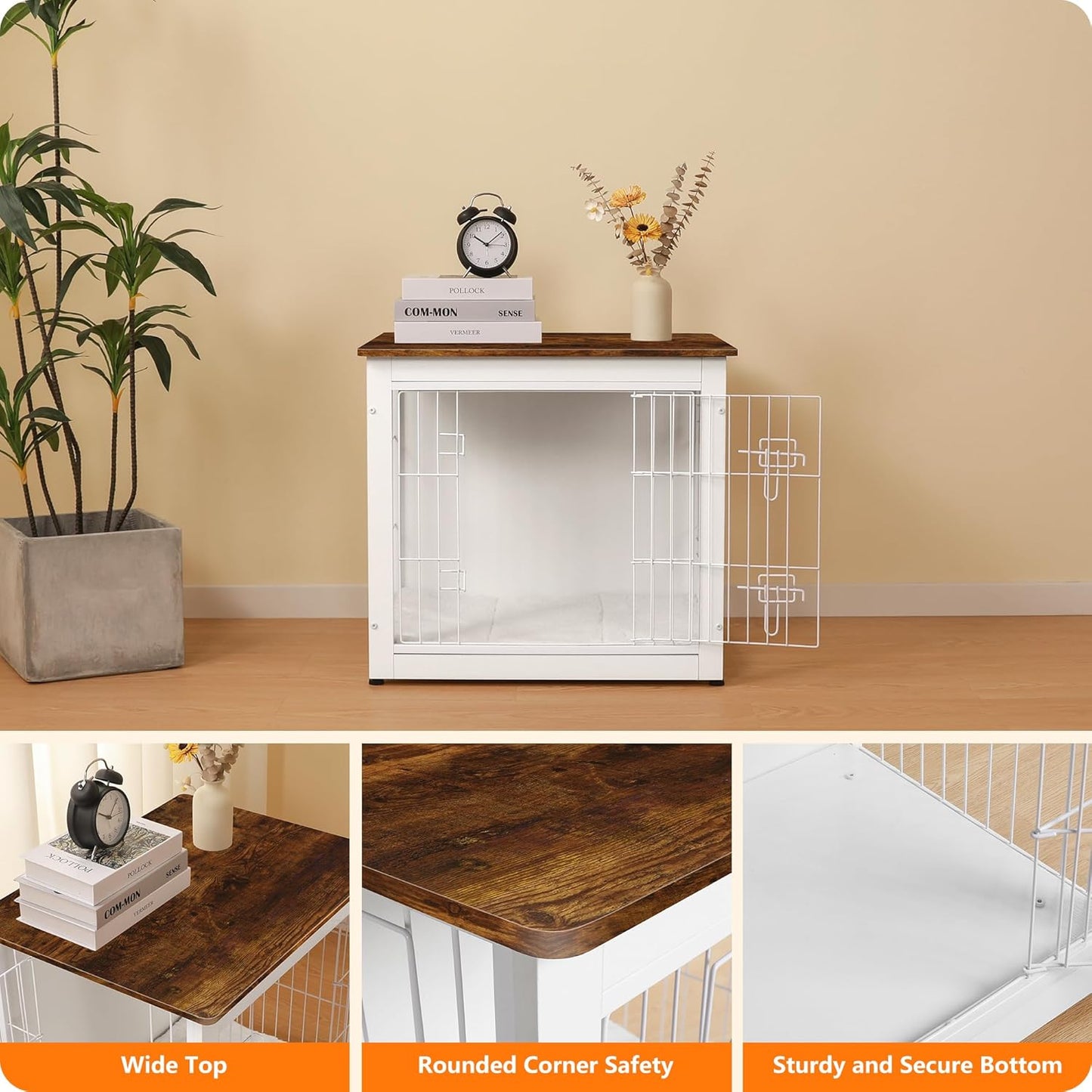 DWANTON Dog Crate Furniture with Cushion, Wooden Kennel Table with Double Doors, Indoor Dog House, Small/Medium/Large Size, 27.2" L, White+Rustic Brown