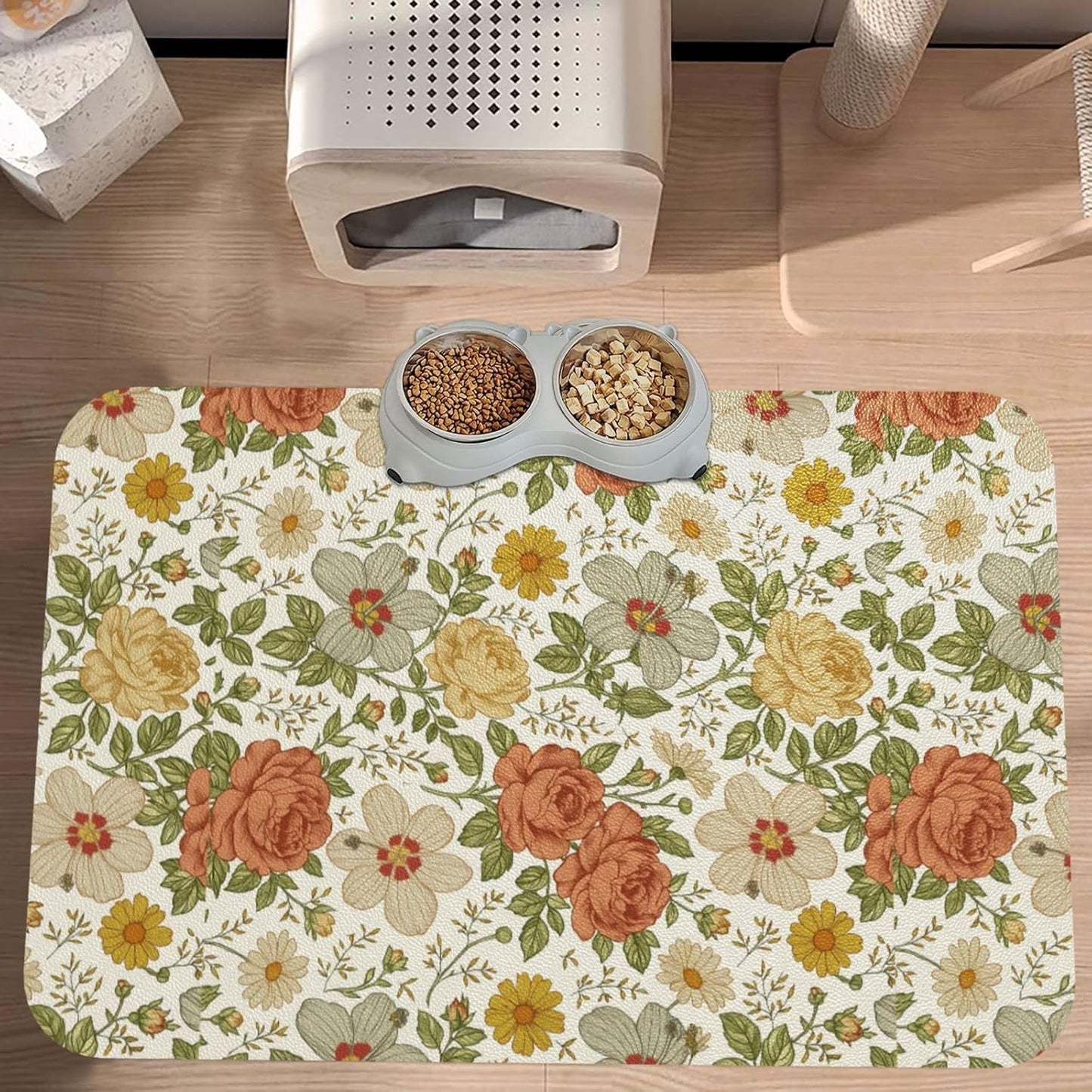 Delicate Floral Dog Food Mat Absorbent Bowl Mats No Stains Quick Dry Waterproof Pet Cat Placemats for Food and Water, 30x45cm