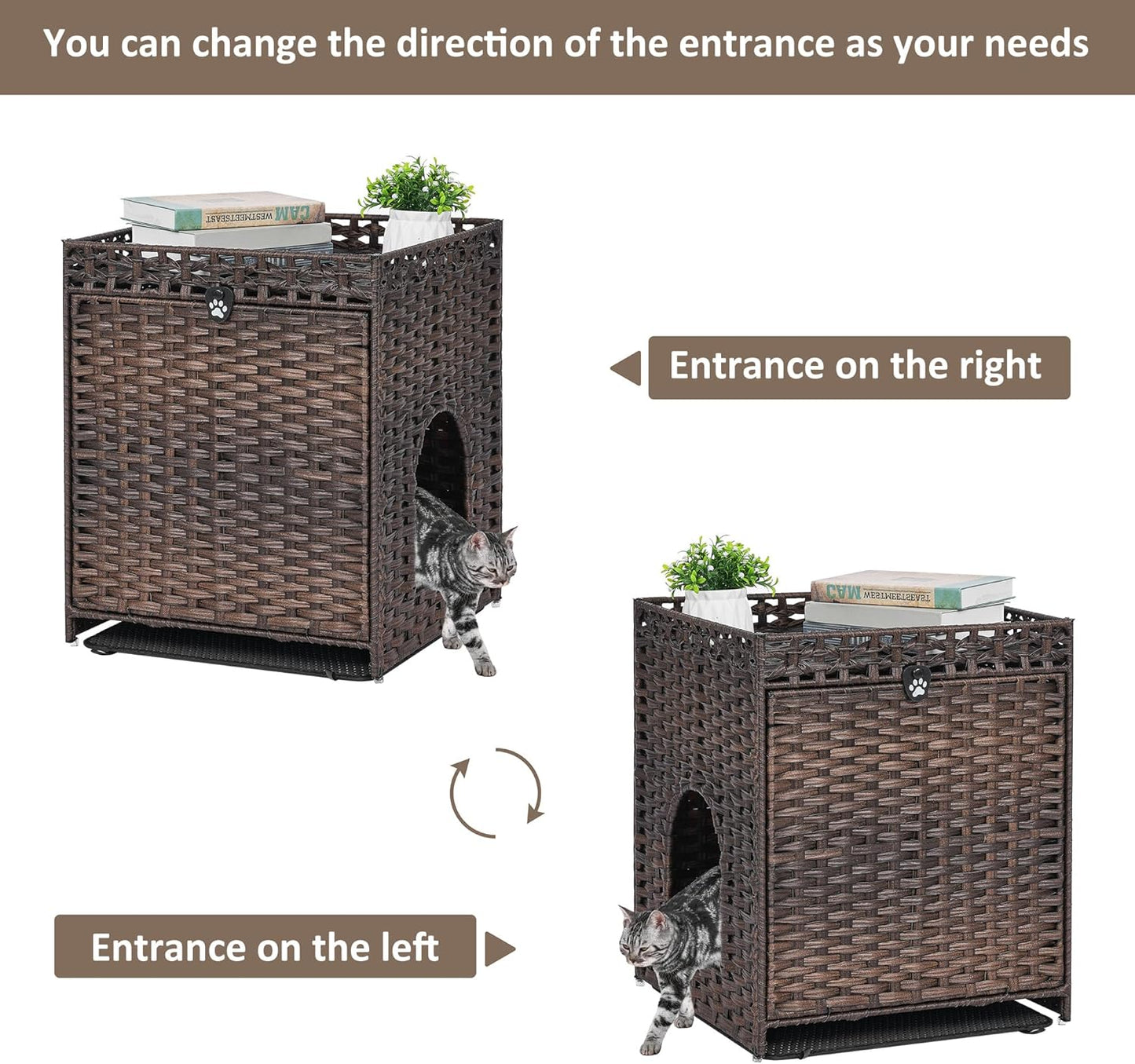 Cat Litter Box Enclosure with Soft Litter Mat; Hidden Cat Washroom Furniture with Door; Handwoven Rattan Cat House; Pet Crate for Living Room, Bedroom, Balcony (Brown)