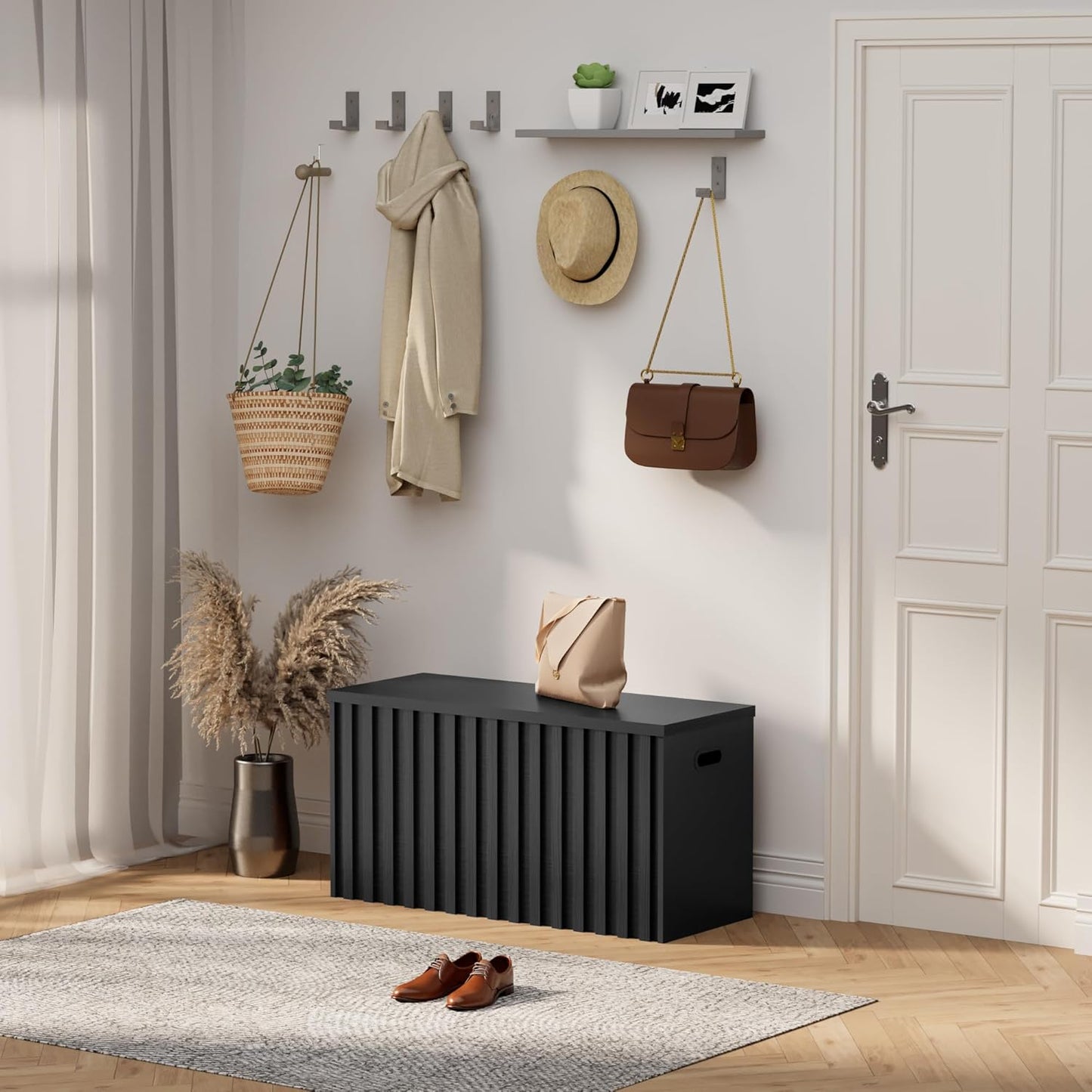 UEV Storage Bench,39.4" Wood Box, Storage Trunk with 2 Safety Hinges, Ottoman Storage Chest, Fluted Storage Bench for Bedroom, Entryway, Living Room(Black)