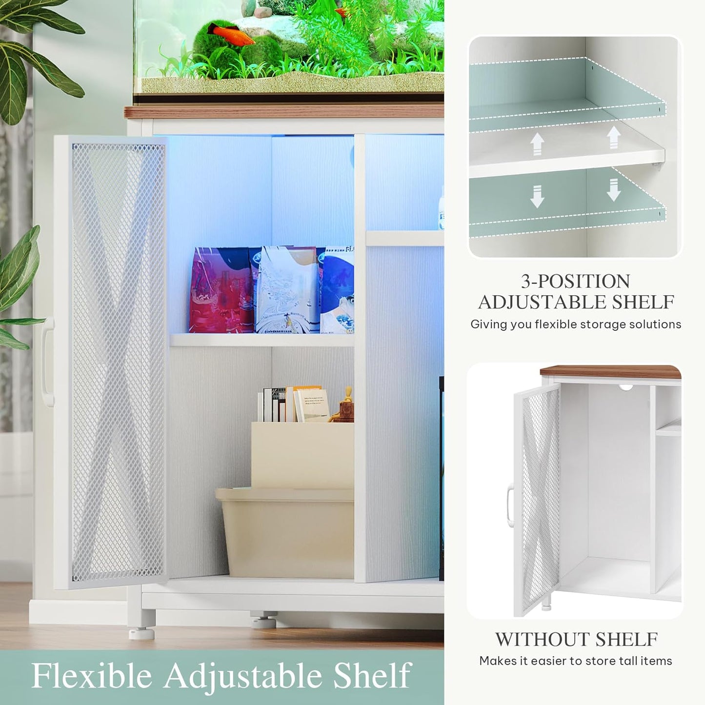 YITAHOME Fish Tank Stand with Power Outlets & LED Light, 40-50 Gallon Metal Aquarium Stand with Cabinet for Fish Tank Accessories Storage for Turtle Tank, Reptile Terrarium, 660LBS Capacity, White