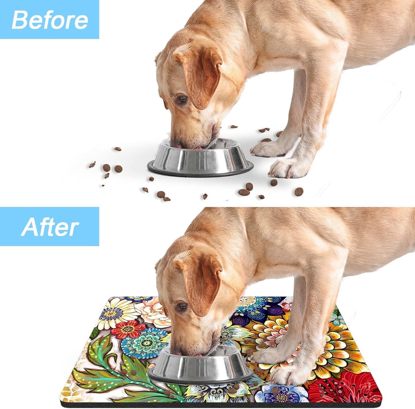 Rnivvi Dog Food Mat, 12" x 19" Flower Absorbent Dog Cat Bowl Mat for Food and Water, Cute Anti-Slip Rubber Pet Feeding Rug Protect Floors, Puppy Placemat for Feeding & Watering Supplies,Mandala Floral