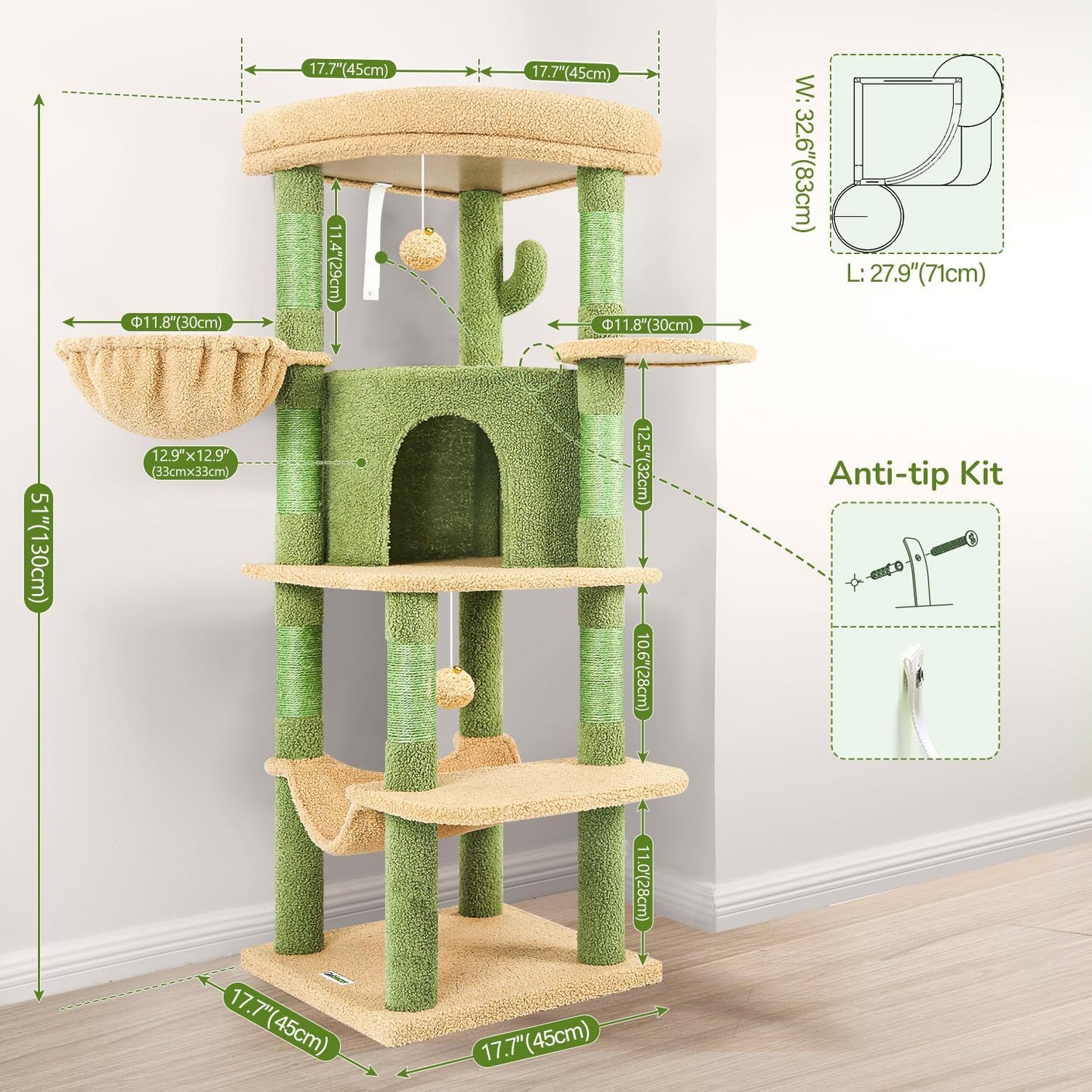 Globlazer Cactus Corner Cat Tree Tower with Scratching Post for Indoor Cats, 51in Multi-Level Cat Condo Tower with Large Hammock, Fan-Shaped Padded Perch, Spacious Cat Cave, Hanging Basket, C51, Green