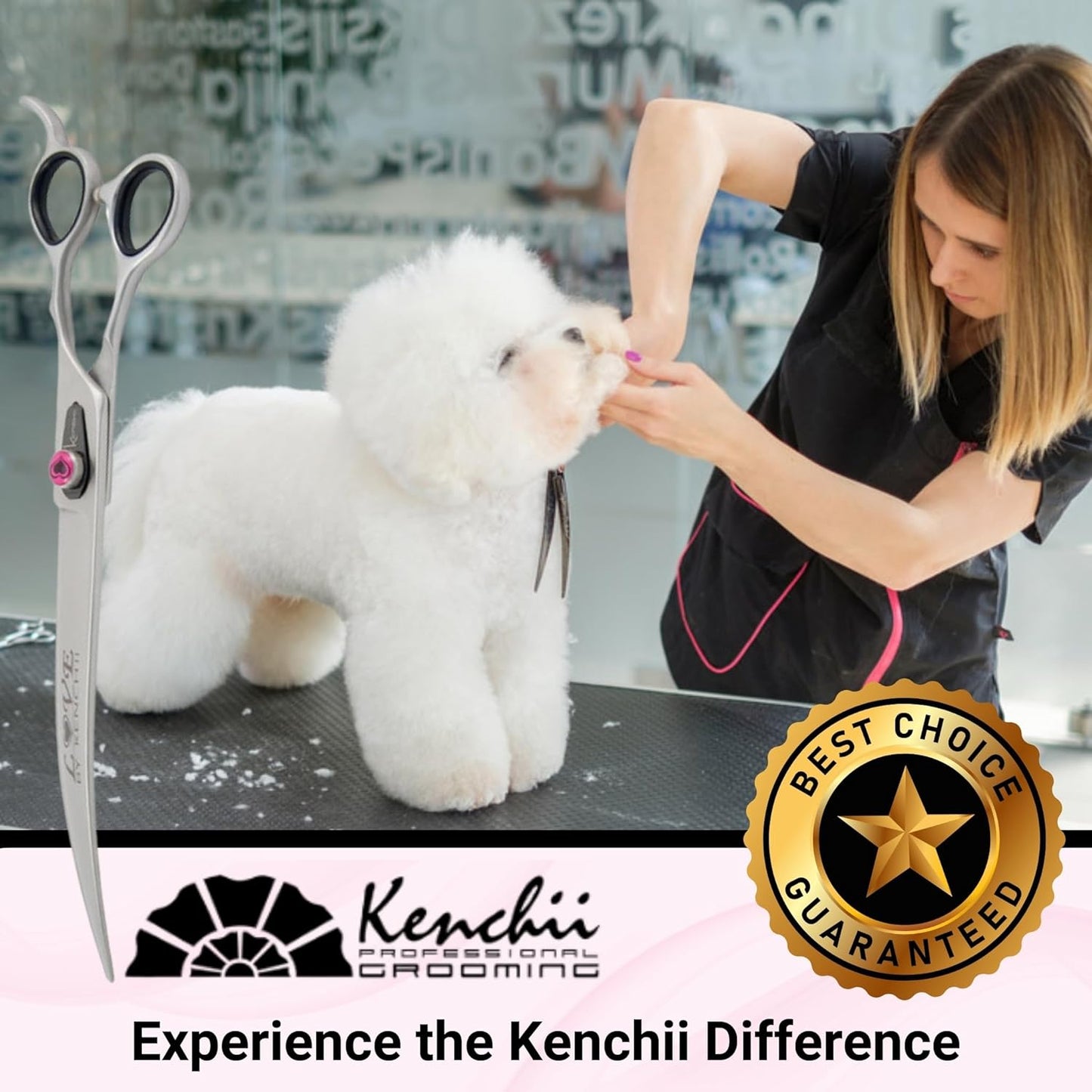 Kenchii Love Left Handed Dog Grooming Scissors, 9 Inch Curved Shears, Dog Scissors for Grooming, Professional Pet Grooming Scissors, Ergonomic & Comfortable