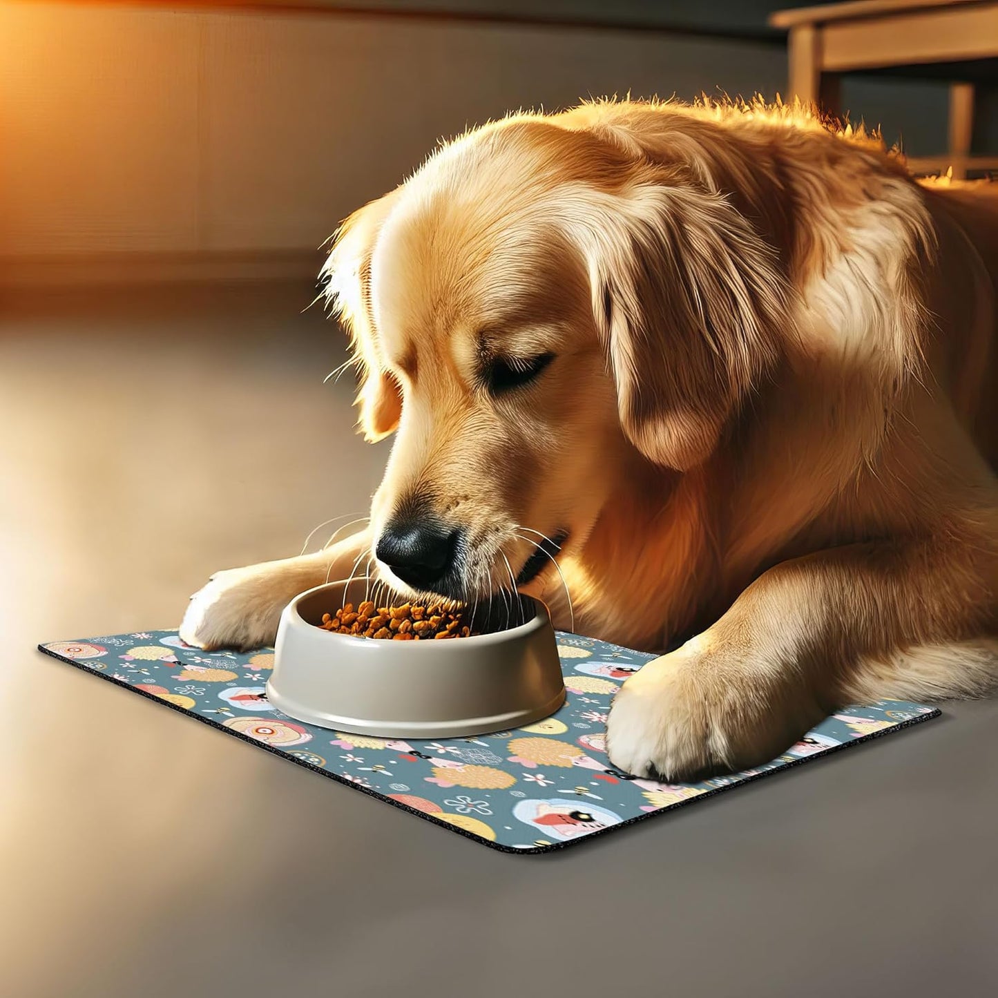 Lunarable Animal Pet Mat for Food and Water, Hedgehogs Kissing Hearts Love Bees Flowers Cheerful Happy Art Image, Non-Slip Rubber Mat for Dogs and Cats, 18" X 12", Multicolor