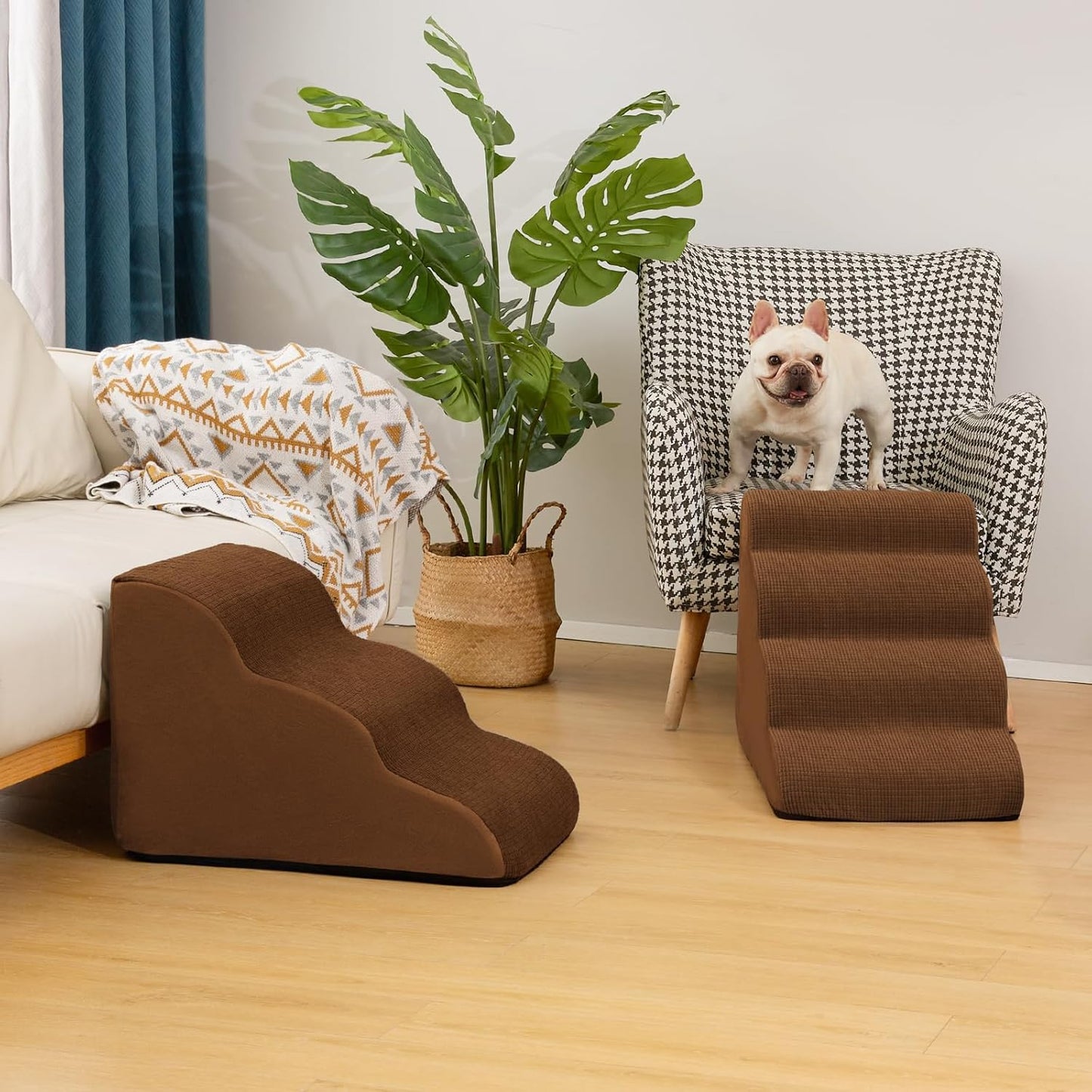 4-Step Dog Stairs and Ramp for Beds or Couches – Non-Slip Sturdy Pet Steps for Small Dogs and Cats,17.4" H,Brown