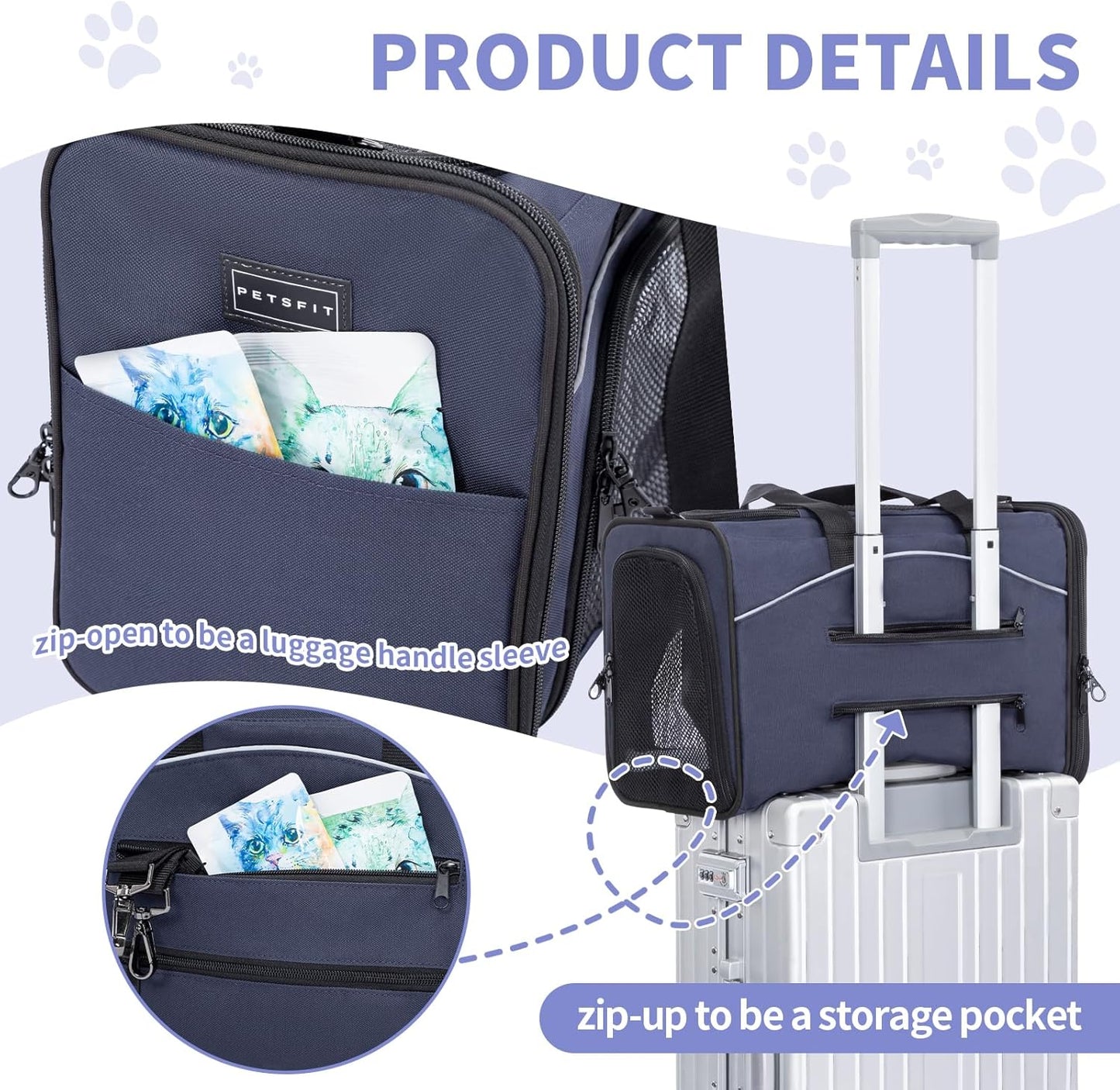 Petsfit Airline Approved Pet Carrier for Small Cats, 16.5x8.6x11 TSA Approved Carrier, with Removable Dual-Sided Padding (2-Way Placement) - Fits Under Most Airplane Seats, Escape Proof (Navy)