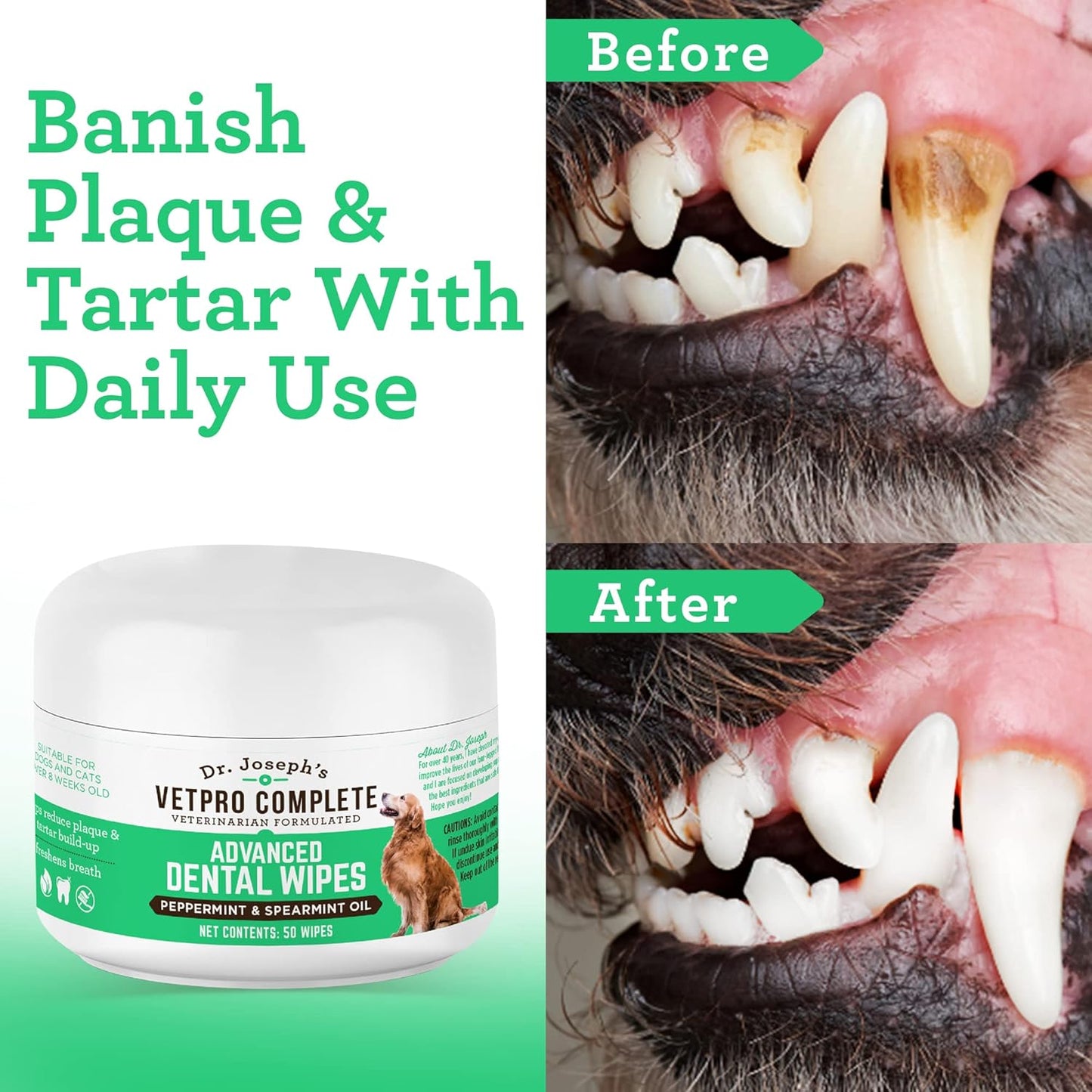 VetPro Complete Dr. Joseph's Advanced Dog Dental Wipes, 50 Count, Easy Teeth Cleaner for Dogs and Cats with Peppermint and Spearmint, Freshens Breath, Reduces Tartar