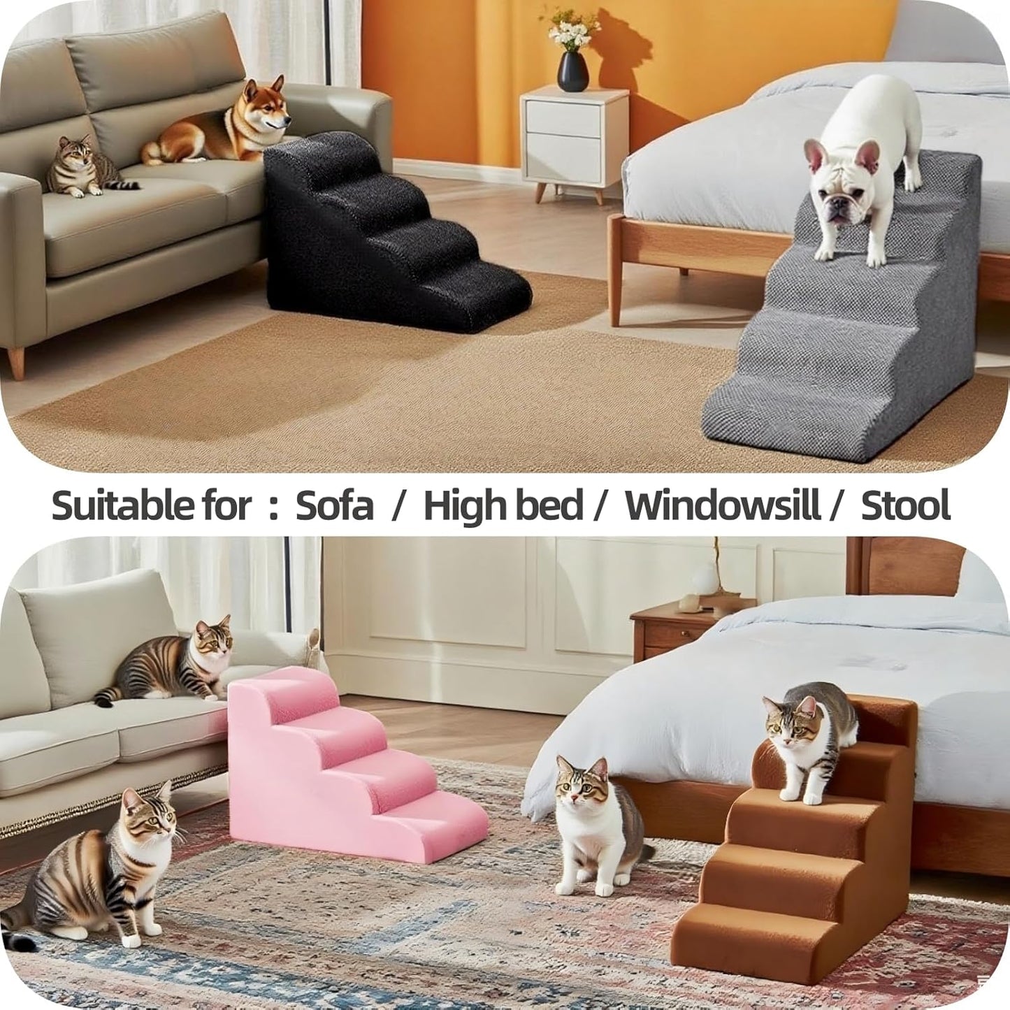 5 Step Pet Stairs Ramp for High Beds Sofas 5-30 Inch with Sturdy Non Slip Waterproof Pads, Machine Washable Cover Indoor Balanced Design for Cats Dogs Small Medium Large XL Pets Grey (Pink, Large, 1)