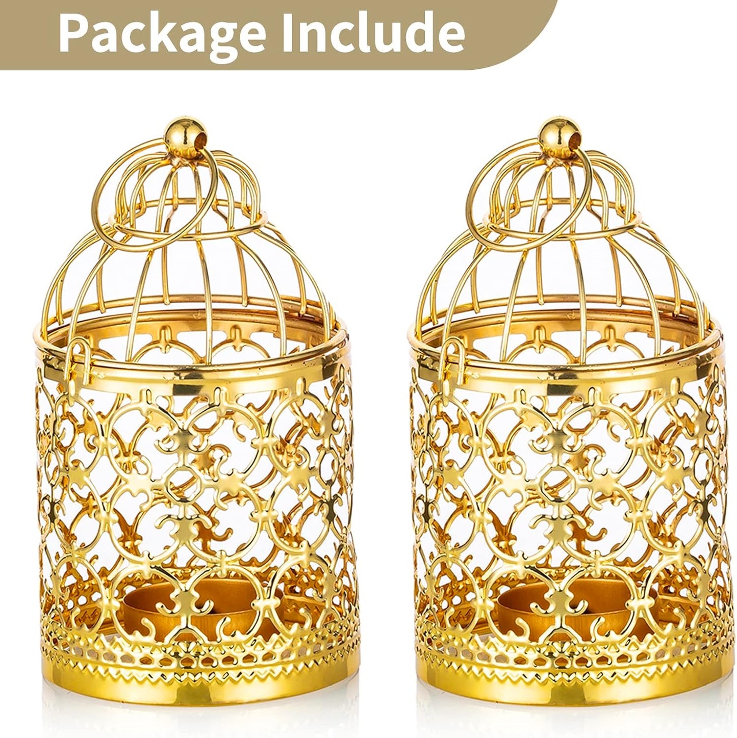 2 Pcs Small Metal Tealight Hanging Birdcage Lantern, Vintage Decorative Centerpieces of Wedding, Party, Gold