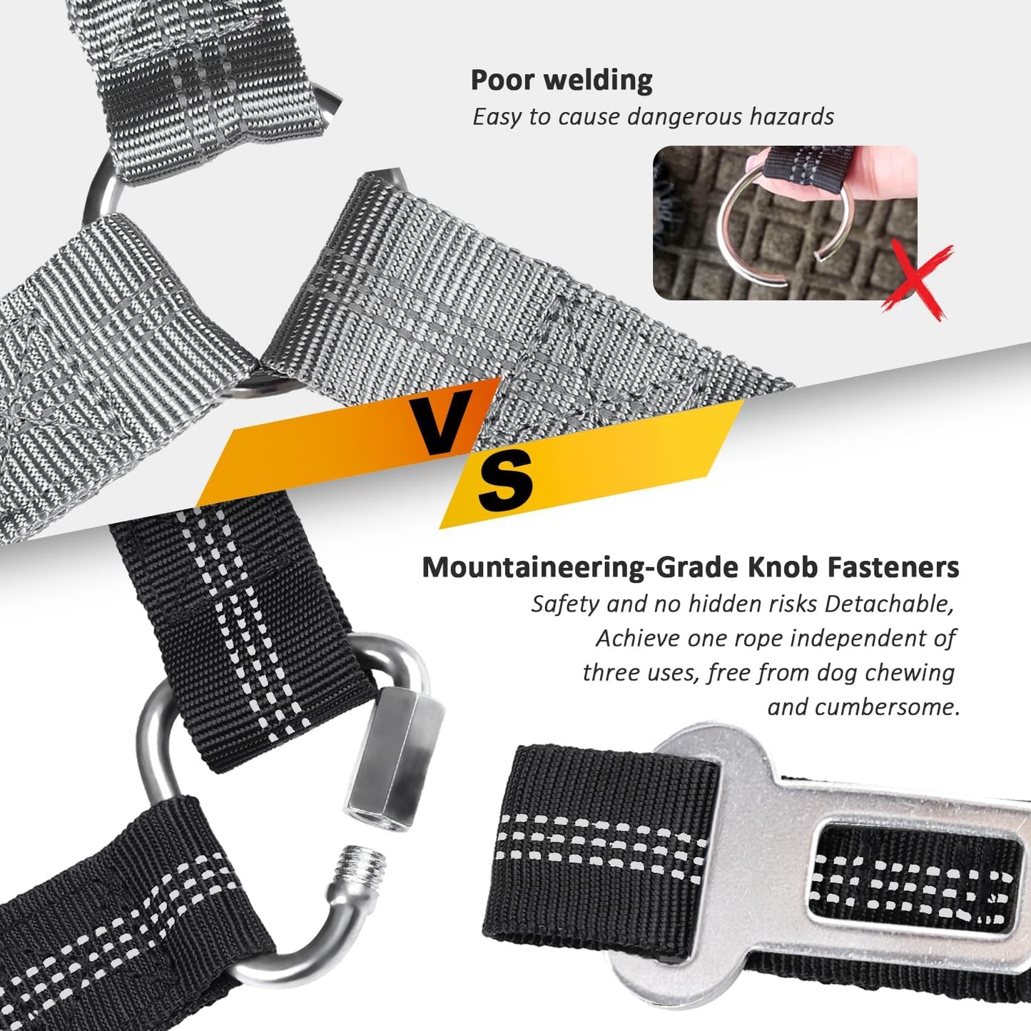 Removable Dog Seat Belt Harness for Car, 3 in 1 Pet Dog Car Seatbelt Leash, Retractable Restraint Secures to Vehicle Headrest & Adjustable Reflective Bungee Dog Seatbelt Tether, Black