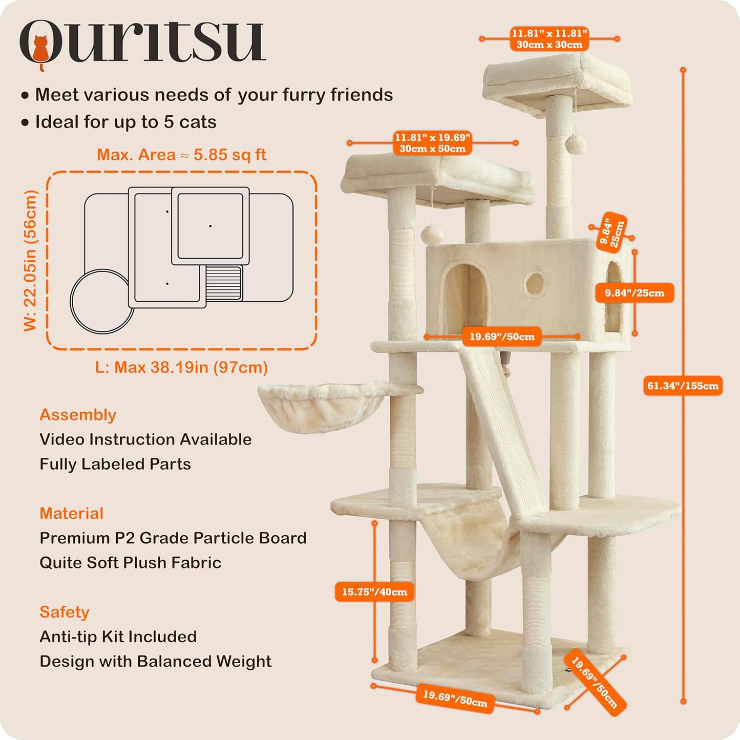 Ouritsu Cat Tree, 61 inch Tall Cat Tower for Large Cat Indoor, Enlarged Condo, 2 Padded Perches with 1 Widened, Large Hammock, Scratching Post and ramp, Fluffy Basket, Beige, LF002WH