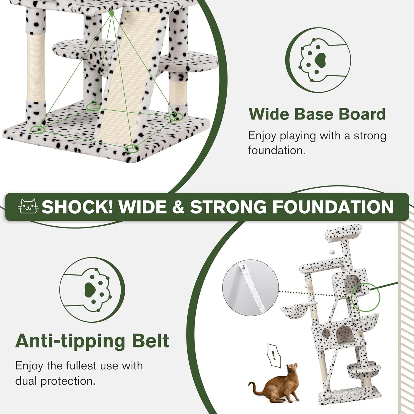 MUTICOR 66 Inches Multi-Level Large Cat Tree Tower for Indoor Big Feline/Cozy Plush Perches/Condo/Sisal Scratching Posts/Hammock and Baskets/Activity Center Play House/Wide Base/White & Black Spot