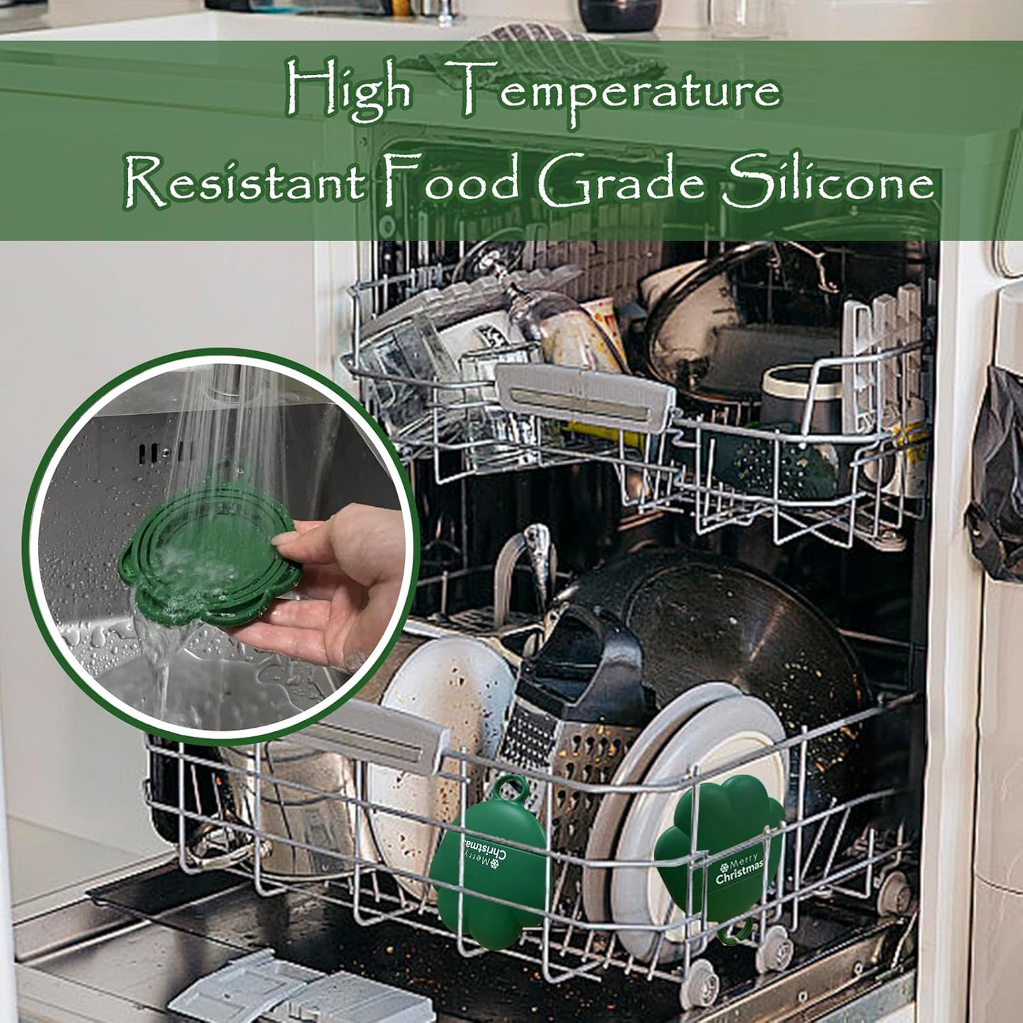 Christmas Pet Set - 3 Cat Food Can Lids & 1 BPA-Free Opener | Cute Paw Shape Can Covers and Opener Spatula Spoon for Wet Food | Silicone Spoon & Covers for Dog Cat - Paw Green