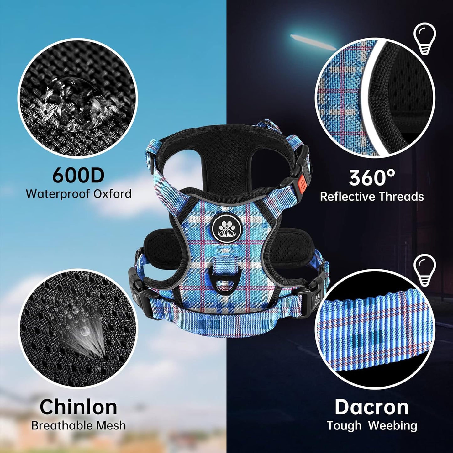 NESTROAD No Pull Dog Harness with Leash, Reflective No Choke Pet Vest Harness,Adjustable Soft Padded Dog Harness with Easy Control Handle for Small Dogs(Checkered Blue,Small)