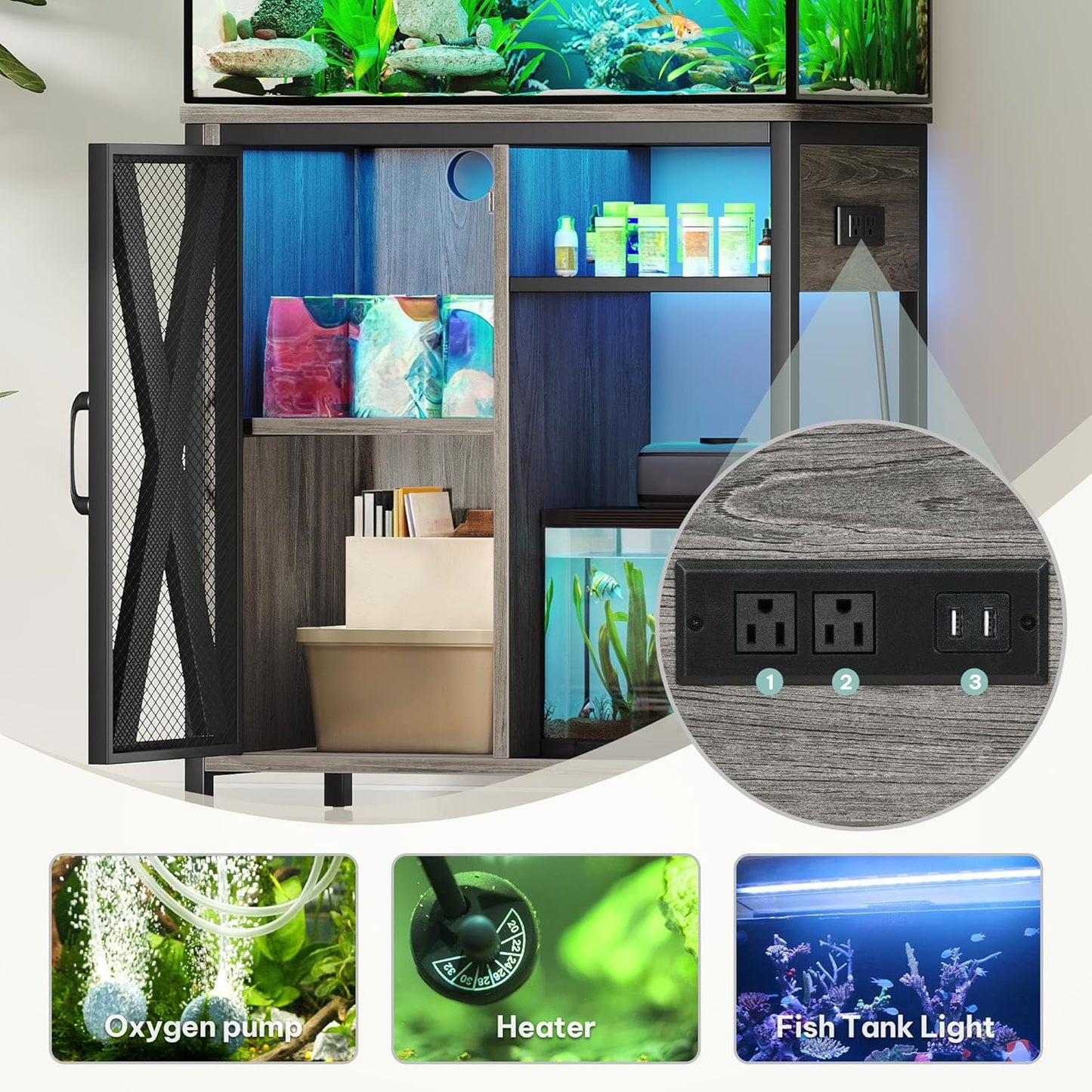 YITAHOME Fish Tank Stand with Power Outlets & LED Light, 20-29 Gallon Metal Aquarium Stand with Cabinet for Fish Tank Accessories Storage for Turtle Tank, Reptile Terrarium, 350LBS Capacity, Grey