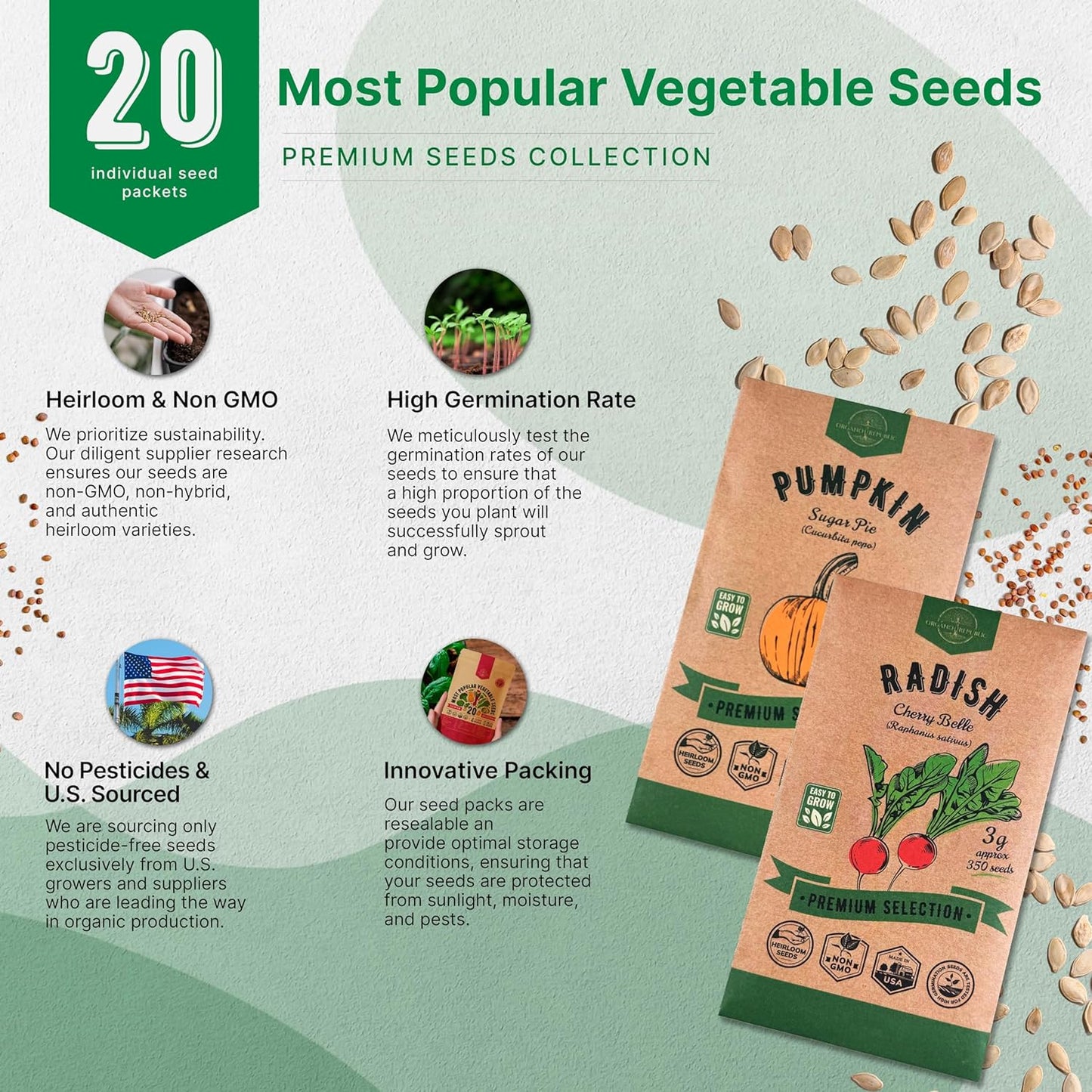 20 Vegetable Seeds Variety Pack - 12,465+ Non-GMO Heirloom Seeds for Planting Vegetables and Fruits in Individual Seed Packets, Home Garden Seed for Hydroponic, Indoor and Outdoors Gardening