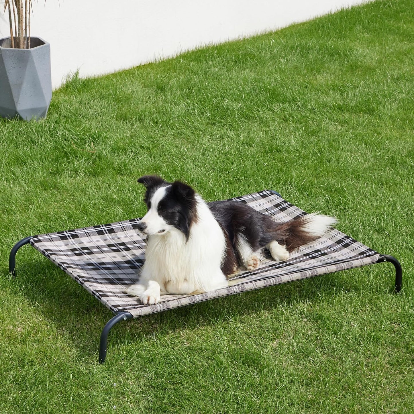 Bedsure Outdoor Elevated Dog Bed Large Sized Dog, Portable Indoor & Outdoor Cooling Raised Cot Pet Hammock Bed with Skid-Resistant Feet, Frame with Breathable Mesh, Checkered White, 49 inches