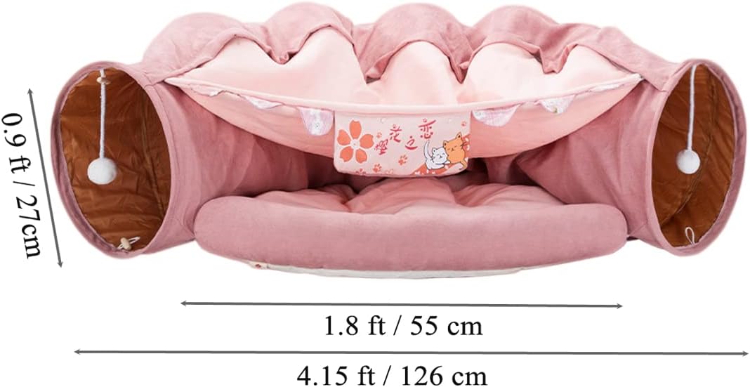 2 in 1 Cat Tunnel Bed Tube with Cushion and Plush Ball Toy Playground Crinkle Collapsible for Large Cats Kittens Kitty Puppy Small Dog Foldable Soft Pet Play Bed Indoor Outdoor- Pink Cat Tunnel Bed