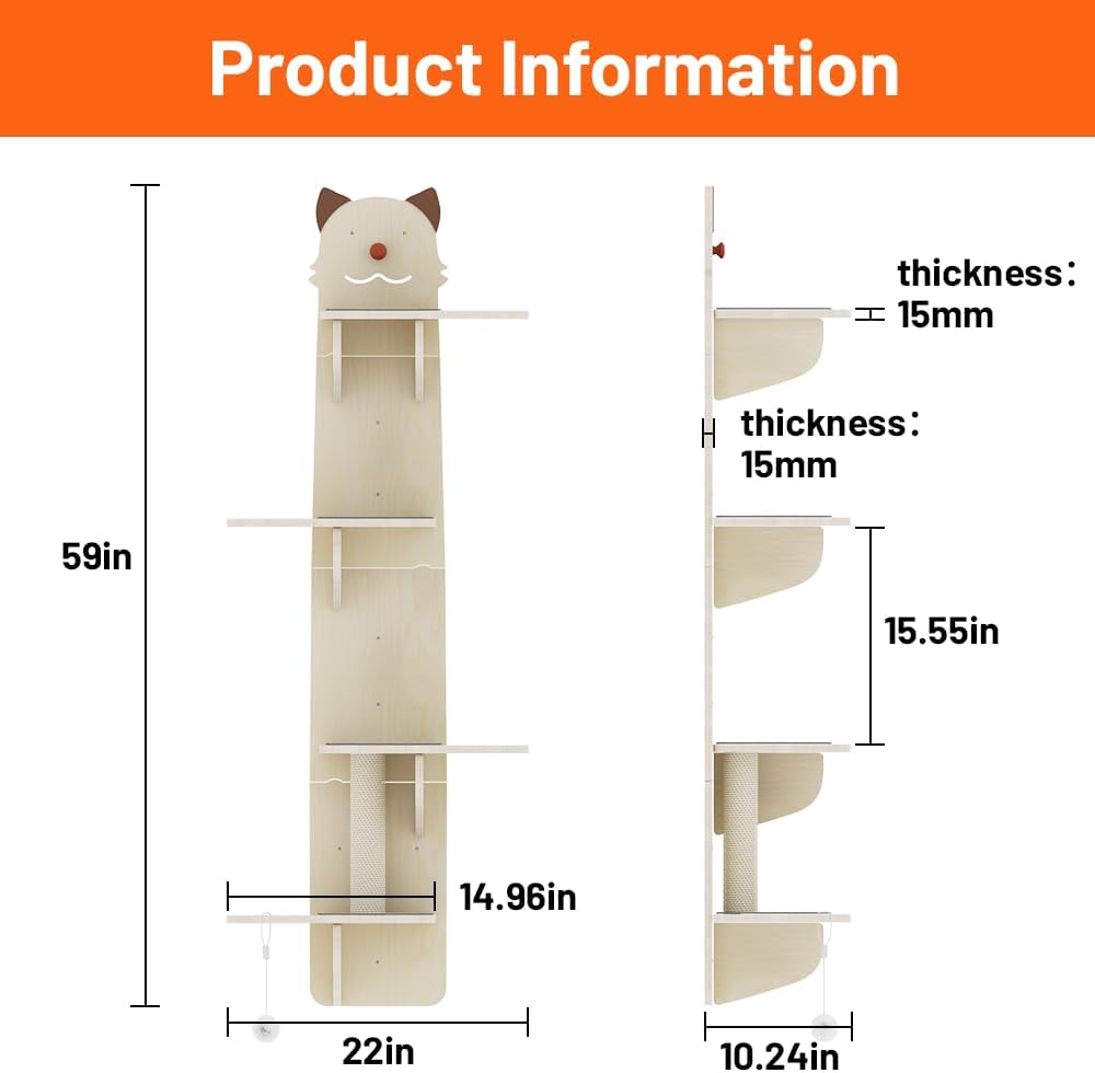 Cat Wall Mount Mounted Floating Shelves Shelf Perch Furniture Perch Hammock Climber Climbing Tree Indoor Large Wall-Mounted Steps Cat Climb Perches Solid Wood Hammock