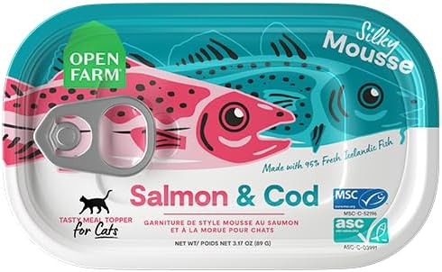 Open Farm, Canned Cat Food Topper, Silky Mousse Made with 95% Responsibly Sourced Icelandic Fish, Grain & Legume Free, Salmon & Cod Recipe, 3.17oz Cans (Pack of 17)