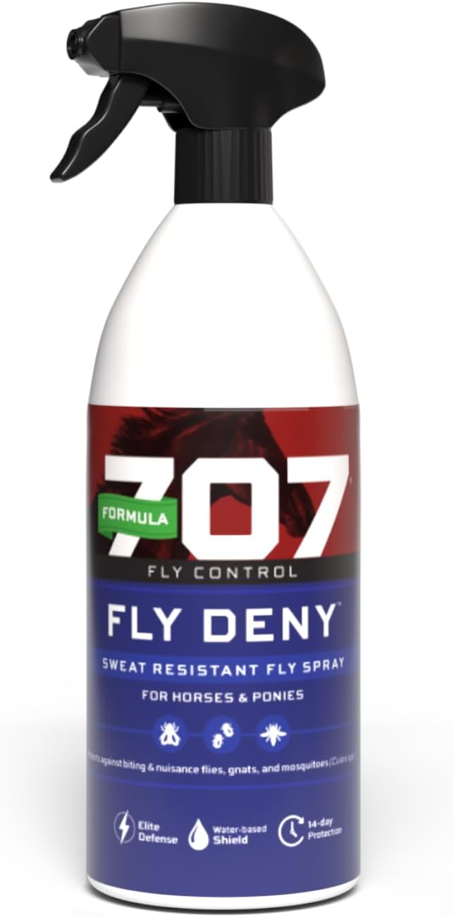 Formula 707 Fly Deny Spray for Horses & Ponies, Sweat-Resistant 14-Day Protection from Flies, Gnats & Mosquitoes, Repels and Kills, 32 Oz