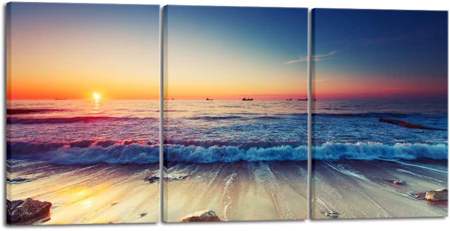 Wieco Art 3 Piece Sea Waves Canvas Prints Modern Seascape Artwork Landscape Pictures Paintings on Stretched Canvas Wall Art for Living Room Home Decorations