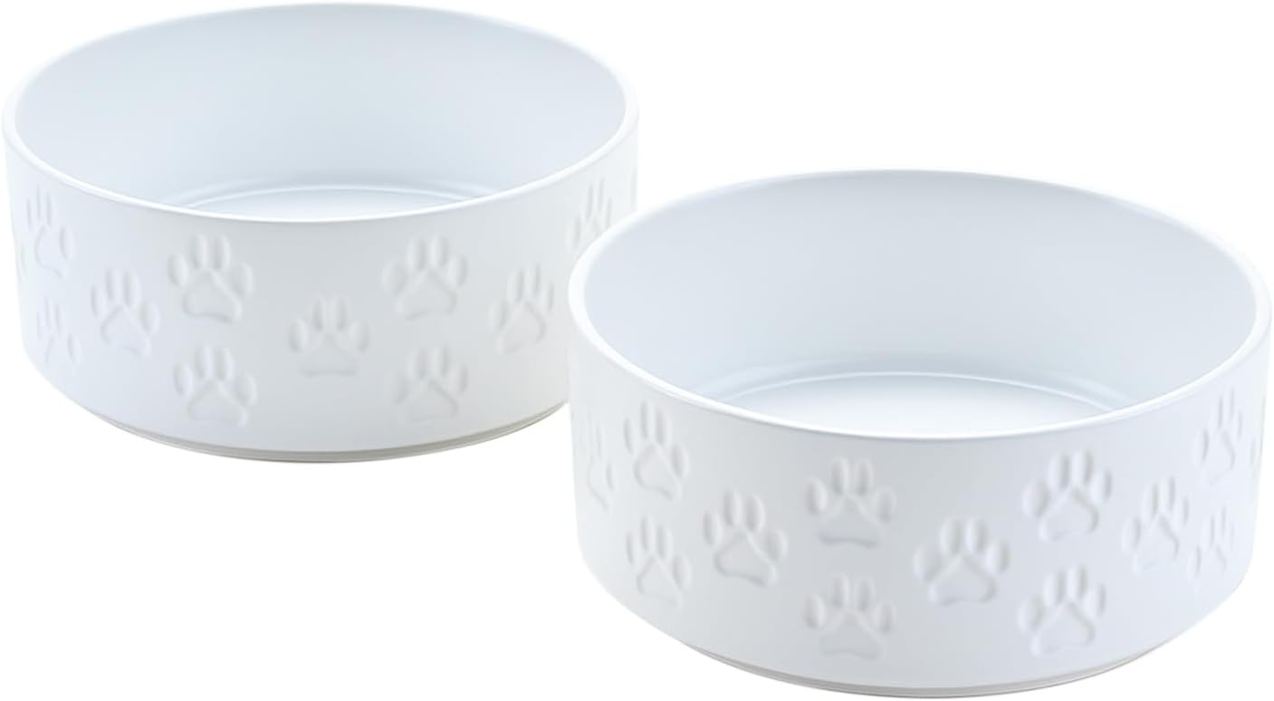 SPUNKYJUNKY Ceramic Dog Bowls 2 Pack, 8.3'' Dog Food Water Double Feeding Bowls Non-Slip for Medium to Large Sized Breed Microwave Dishwasher Safe - 60 OZ, 2pcs, Paw White
