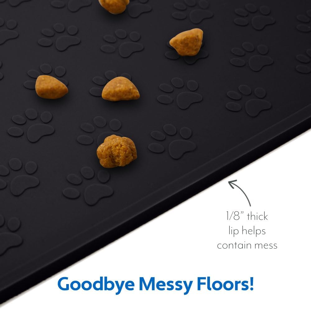 MIGHTY MONKEY 100% Waterproof Dog Food Mat, Raised Edges Silicone Pet Feeding Placemat for Cat, Dogs, Pet Bowls, High Lipped Tray Prevents Water Spills, Food on Floor, Dishwasher Safe, 18x12, Black