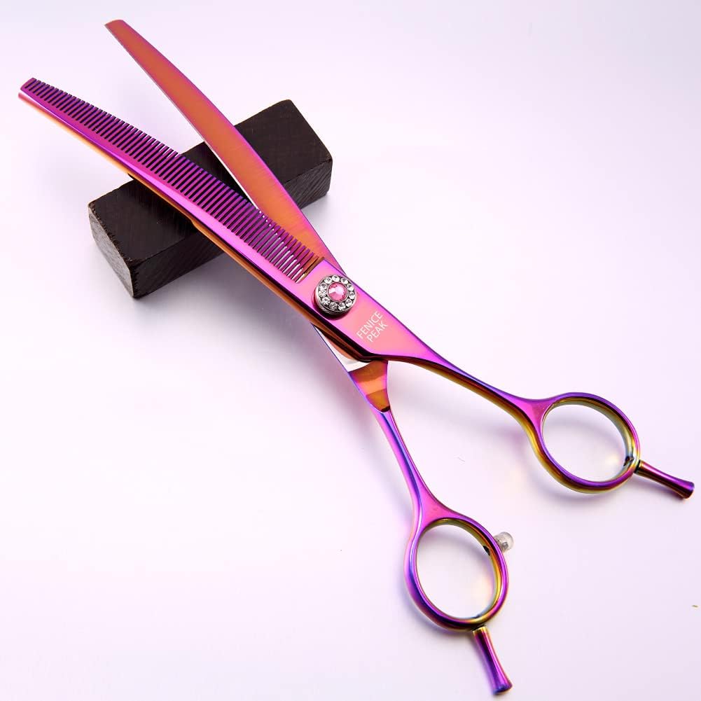 Fenice Peak Professional Dog Grooming Scissors Pet Curved Thinning Shears 7.0'' Extremely Sharp Blades 440C Thinning Scissors Durable Smooth Motion & Fine Cut for Dogs and Cats (Multicolored)