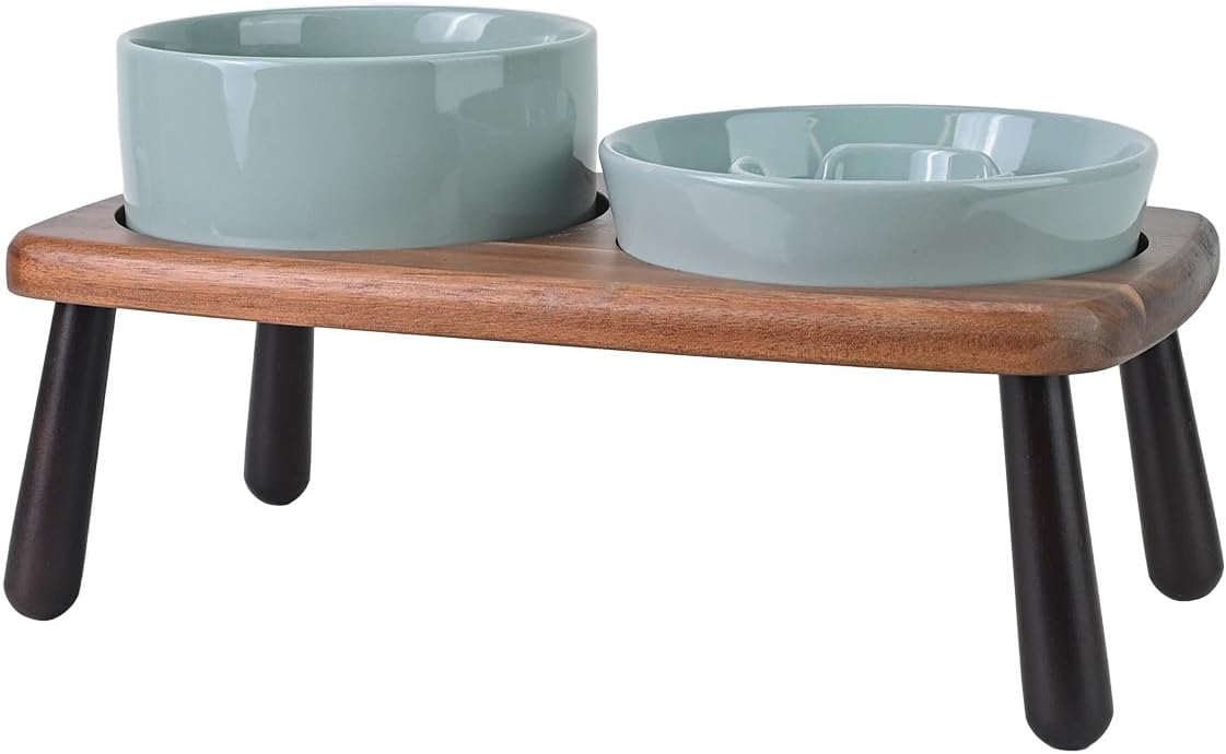 SPUNKYJUNKY Ceramic Elevated Dog Bowls with Slow Feeder Raised with Acacia Bamboo Wooden Stand, 6.1'' Dog and Cat Food Water Bowls Set Non-Slip for Small Medium Sized Breed - Light Green