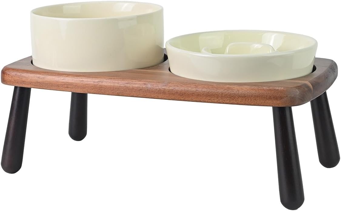 SPUNKYJUNKY Ceramic Elevated Dog Bowls with Slow Feeder Raised with Acacia Bamboo Wooden Stand, 6.1'' Dog and Cat Food Water Bowls Set Non-Slip for Small Medium Sized Breed - Beige