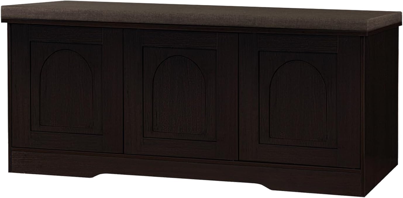 DINZI LVJ Shoe Bench, Entryway Storage Bench with Doors, Cushion, 2-Tier Shoe Rack with 6-Cubby, 39.4”L x 13.8”W Shoe Organizer Cabinet, Adjustable Shelf, Living Room, Bedroom, Espresso