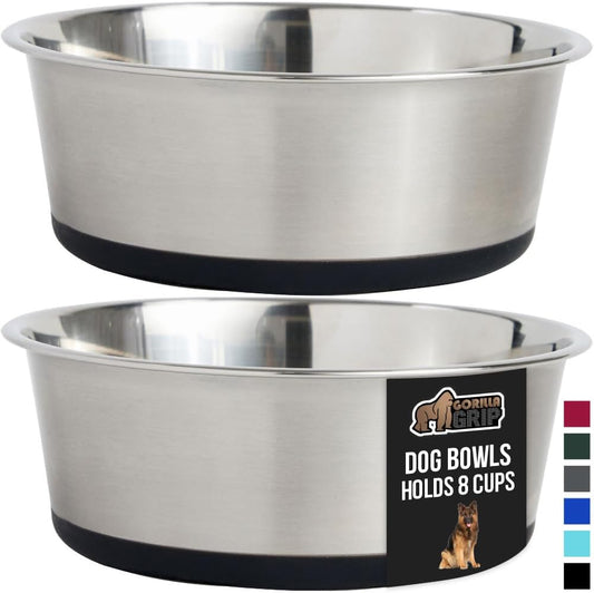 GORILLA GRIP Set of 2 Dog Bowls, Holds 8 Cups (64 fl oz), Heavy Duty Metal Food and Water Bowl for Feeding Dogs and Cats, Dishwasher Safe, Rust Resistant Stainless Steel, BPA Free Rubber Base, Black