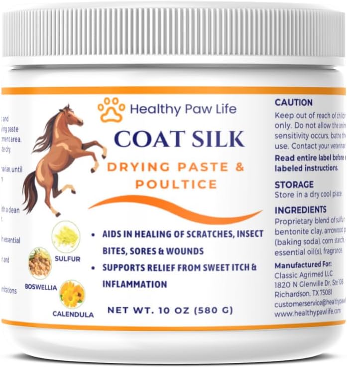 Coat Silk Drying Paste & Poultice for Horses – Natural Relief for Wounds, Scratches, Sores & Sweet Itch – Enriched with Sulfur, Boswellia & Calendula – 10 oz