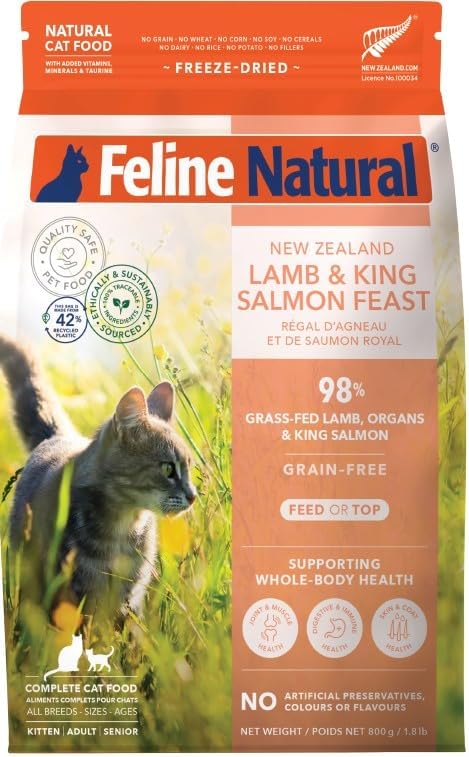 Feline Natural High Protein Dry Cat Food, Freeze-Dried Diet with 98% Meat, Organs & Seafood, No Peas, Grains, or Artificial Additives, Made in New Zealand, Lamb & King Salmon, 1.8lb