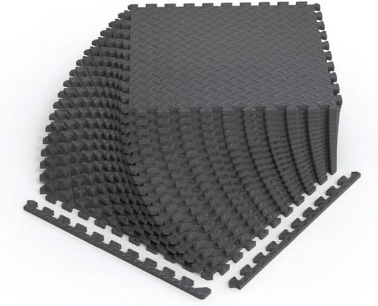 Norsk Foam Floor Gym Mats with Interlocking Tiles, .47" Thick, 24"x24", 18-Pack, 72 Square Feet, Diamond Plate Design, Grey