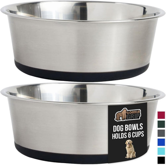 GORILLA GRIP Set of 2 Dog Bowls, Holds 6 Cups (48 fl oz), Heavy Duty Metal Food and Water Bowl for Feeding Dogs and Cats, Dishwasher Safe, Rust Resistant Stainless Steel, BPA Free Rubber Base, Black